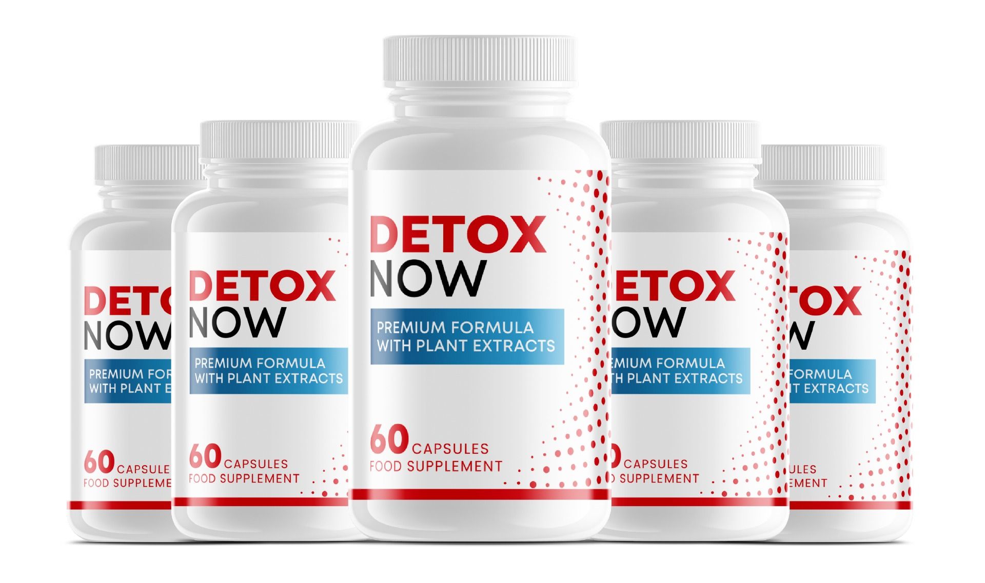Fünf weiße Flaschen mit Etiketten. Aufschrift: Detox Now, Premium-Formel mit Pflanzenextrakten, 60 Kapseln.