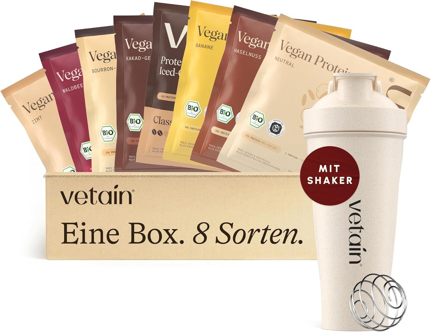 Vetain Proteinpulver Vegan - Probierbox mit Shaker 21g Protein Ohne Zuckerzusatz 9 St Pulver