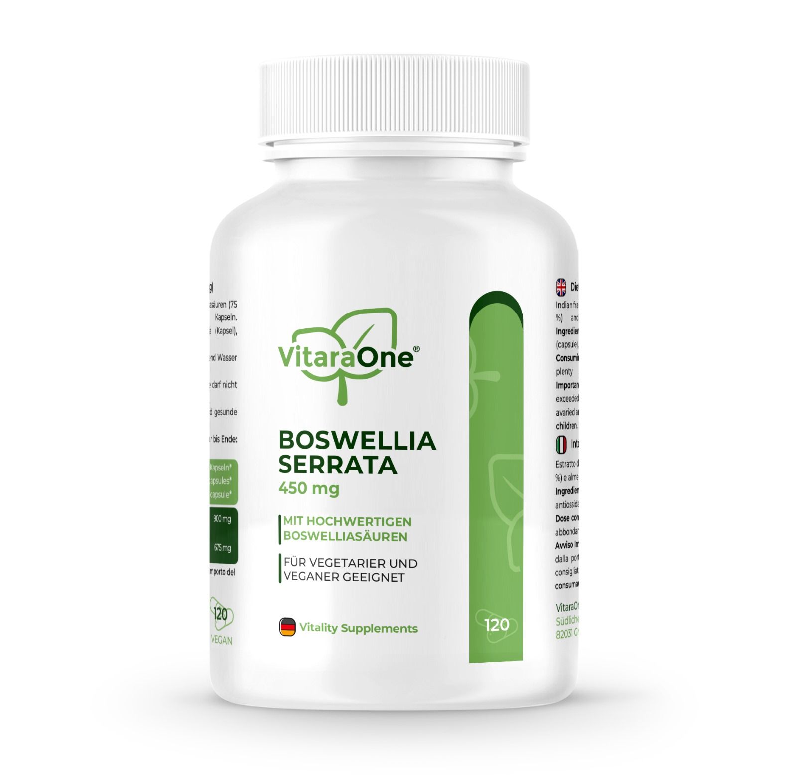Weiße Flasche mit Kapseln. Aufschrift: VitaraOne Boswellia Serrata 450 mg. Für Vegetarier und Veganer geeignet. 120 Kapseln.