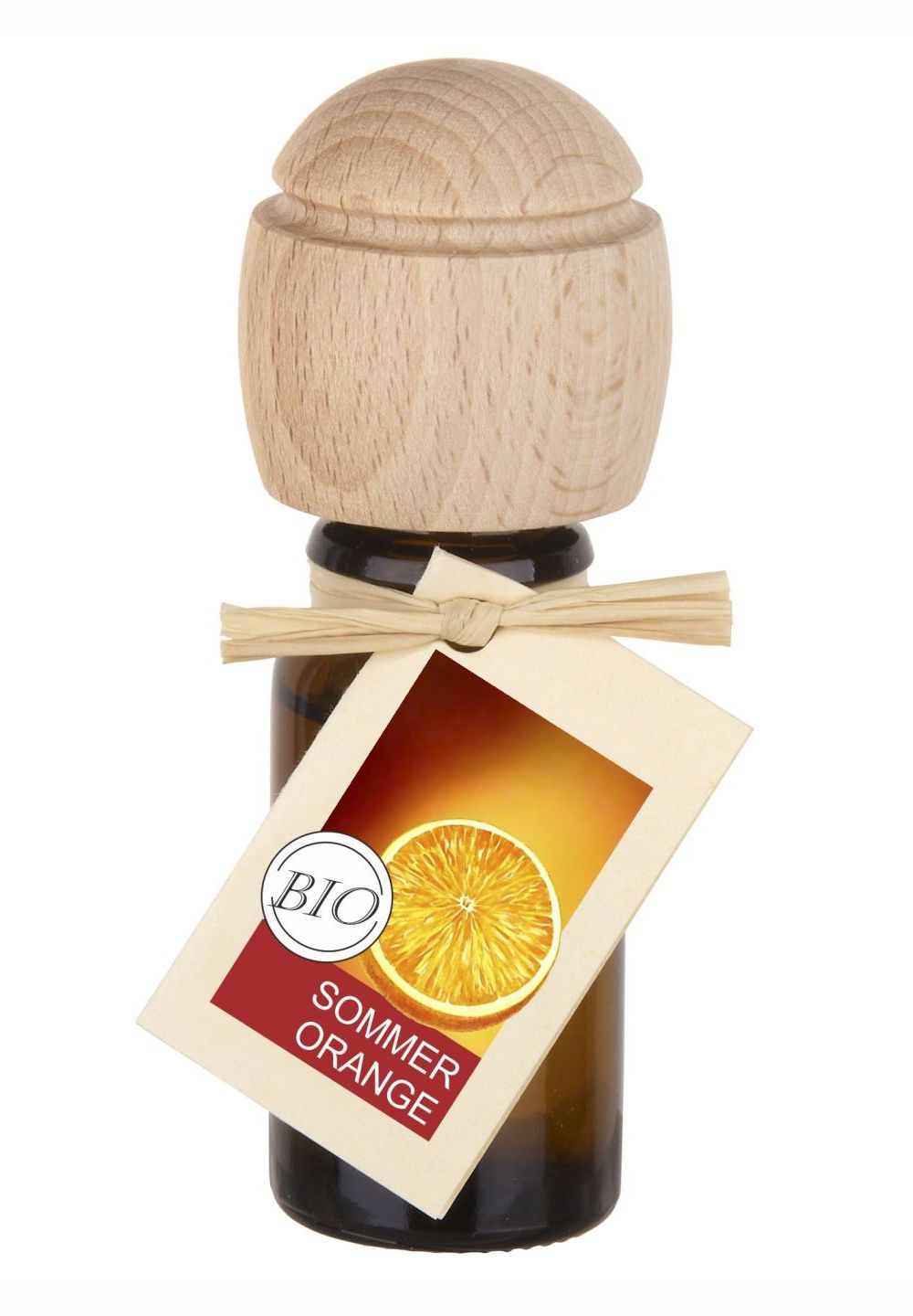 Braune Glasflasche mit Holzverschluss und Anhänger. Anhänger mit Orangen-Abbildung und BIO-Siegel. Aufschrift: Sommer Orange.