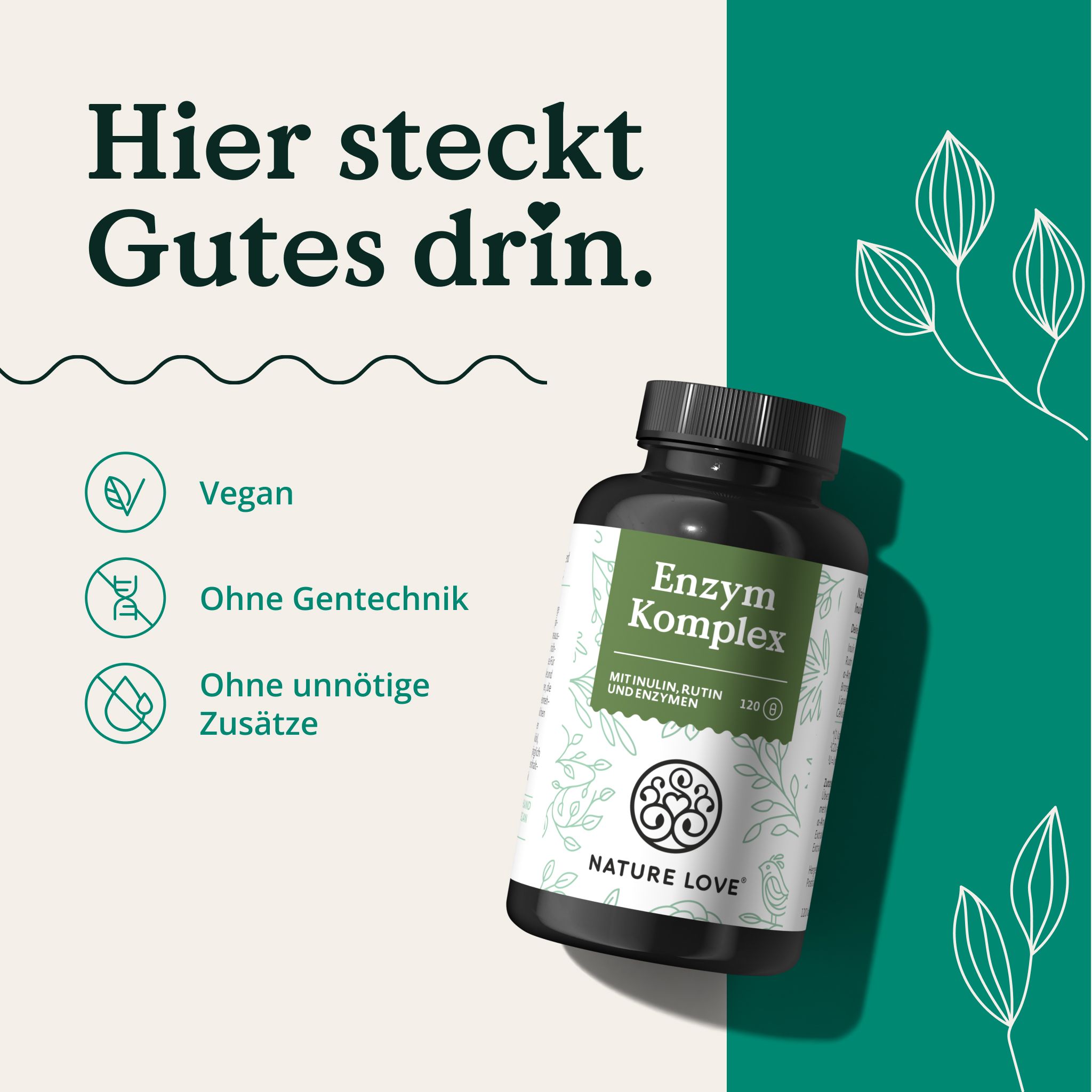 Schwarze Flasche Enzym Komplex, grüne Icons: Vegan, Ohne Gentechnik, Ohne unnötige Zusätze. Logo und Schriftzug NATURE LOVE®.