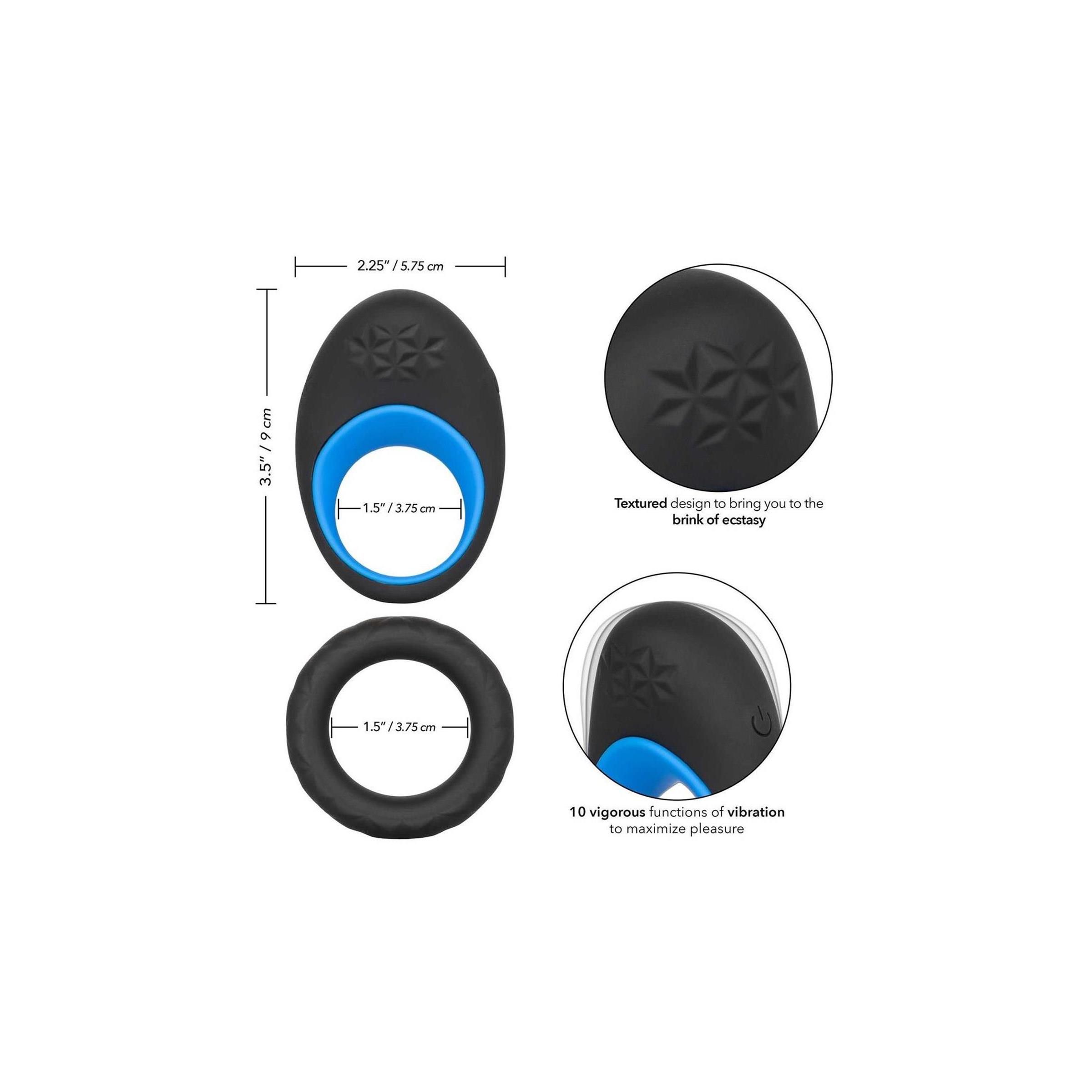 Produkt mit Maßen. Schwarzer Ring mit blauem Einsatz. Zusätzlicher Ring. Text: 10 Funktionen, Texturiertes Design.