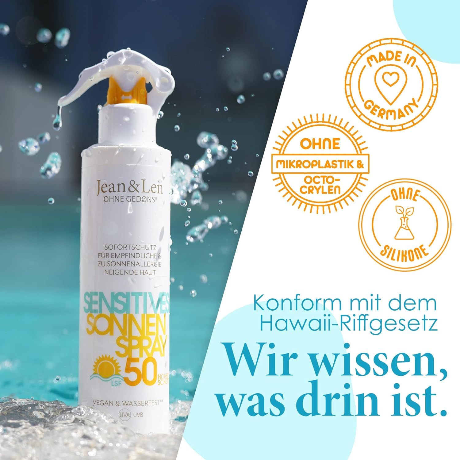 Weiße Sprühflasche mit gelbem Sprühkopf. Text: Sensitiv Sonnenspray 50 LSF. Siegel: Ohne Mikroplastik & Octocrylen, Ohne Silikone.