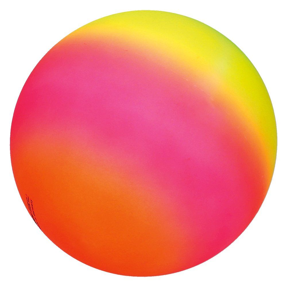 Ein farbiger Ball. Farben: Orange, Pink, Gelb. Oberfläche glatt.