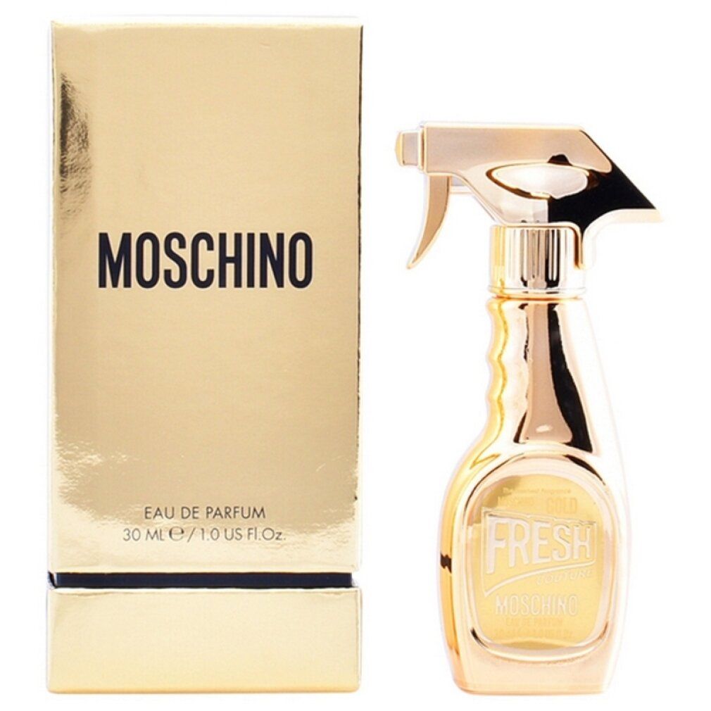 Flacone dorato e confezione dorata. Scritta: MOSCHINO, Eau de Parfum, 30 ml.