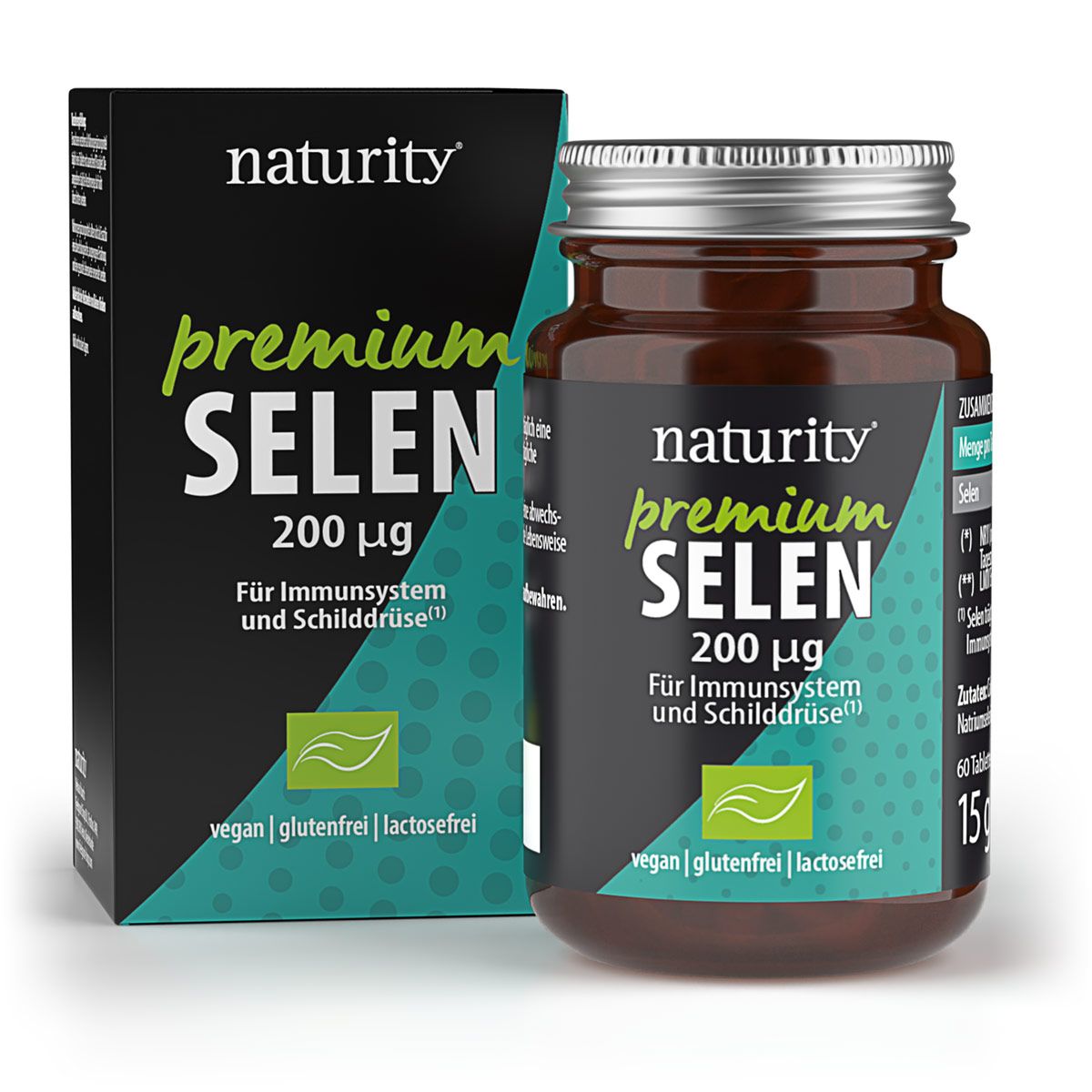 Braune Glasflasche und Schachtel mit "naturity premium SELEN 200 µg". Vegan, glutenfrei, laktosefrei. Grünes Bio-Siegel.