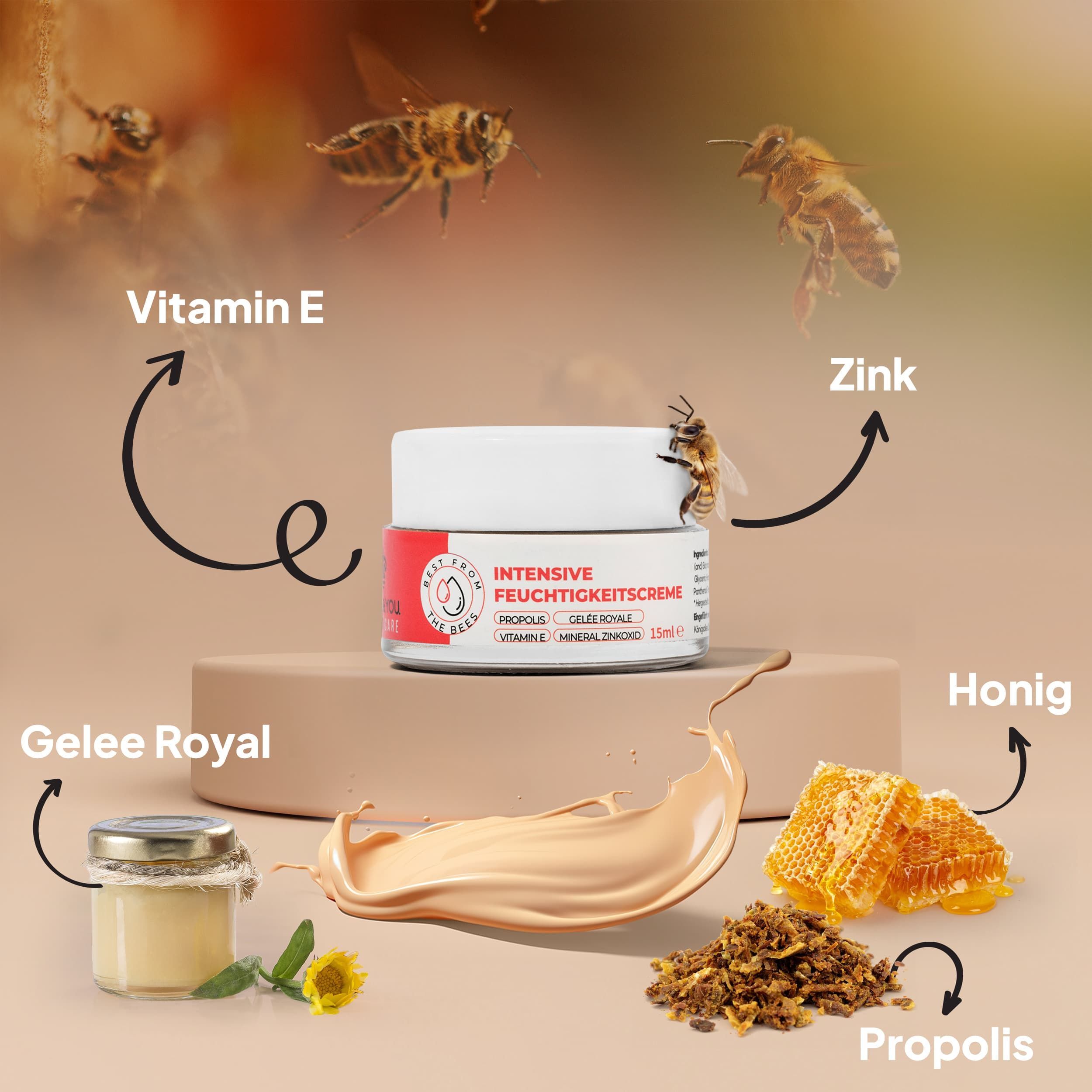 Creme-Tiegel mit Inhaltsstoffen: Honig, Propolis, Gelee Royal, Zink, Vitamin E. Produktname: Intensive Feuchtigkeitscreme.