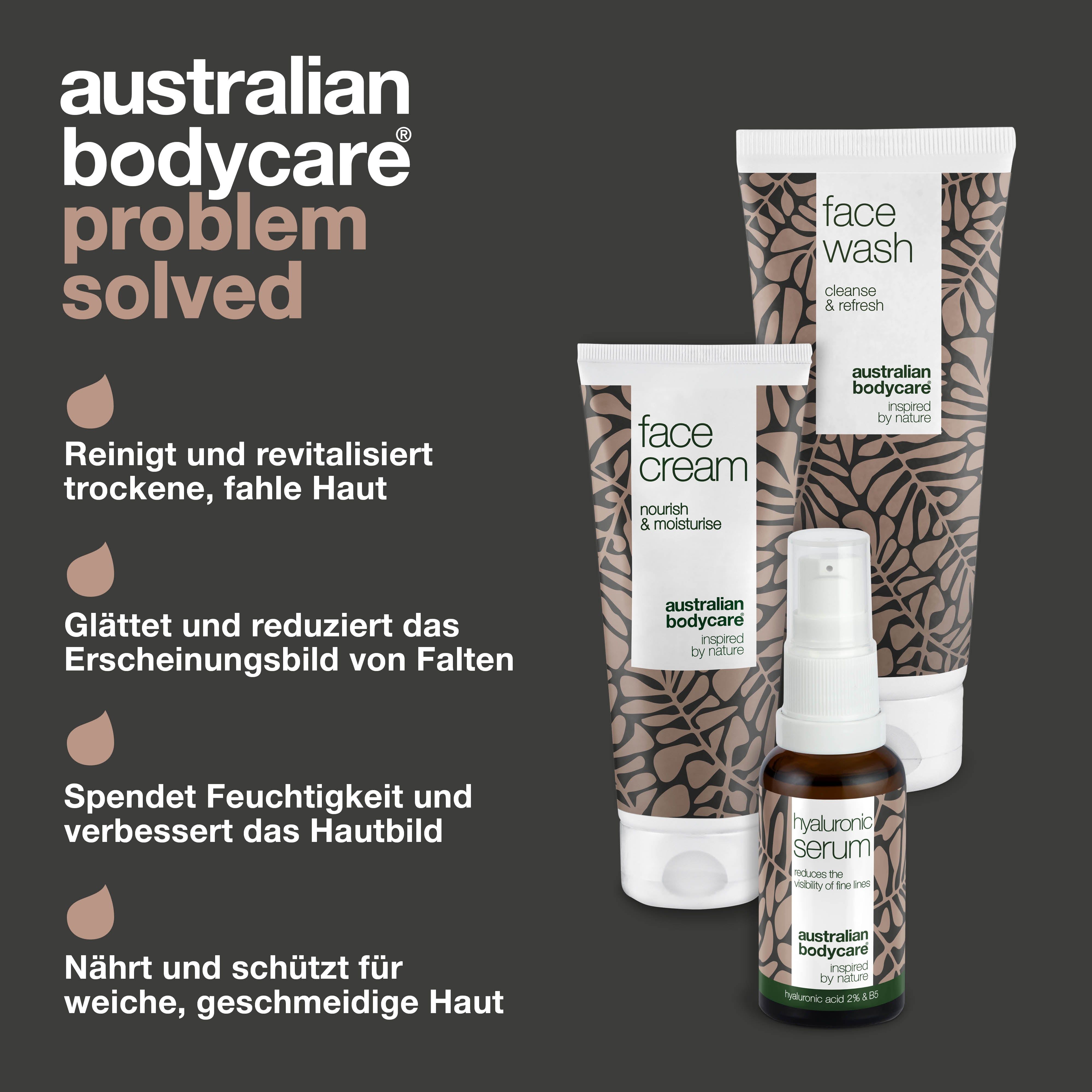 Gesichtscreme, Gesichtswäsche und Hyaluronsäure-Serum. Text: Reinigt, glättet, spendet Feuchtigkeit.