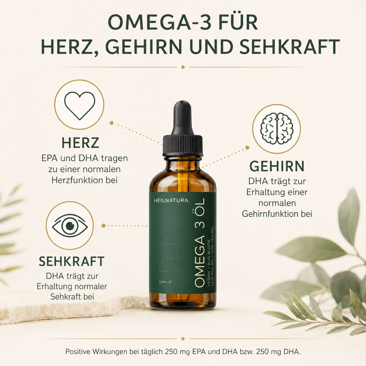 Flasche Omega-3 Algenöl mit Icons für Herz, Gehirn und Sehkraft. Text: 'OMEGA-3 FÜR HERZ, GEHIRN UND SEHKRAFT'.