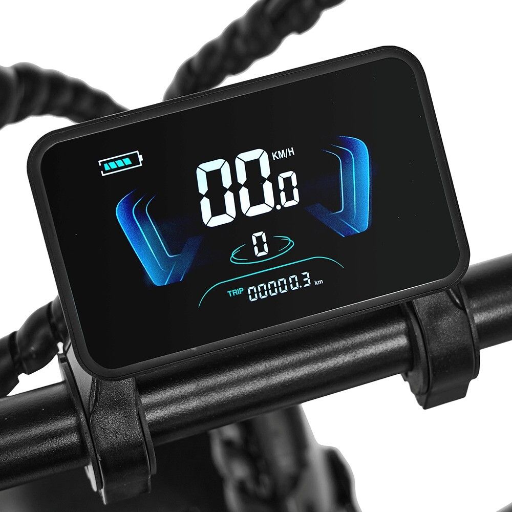 Digitales Display eines Elektro-Offroad-Bikes. Schwarzer Bildschirm mit weißer Anzeige von Geschwindigkeit und Batterie.