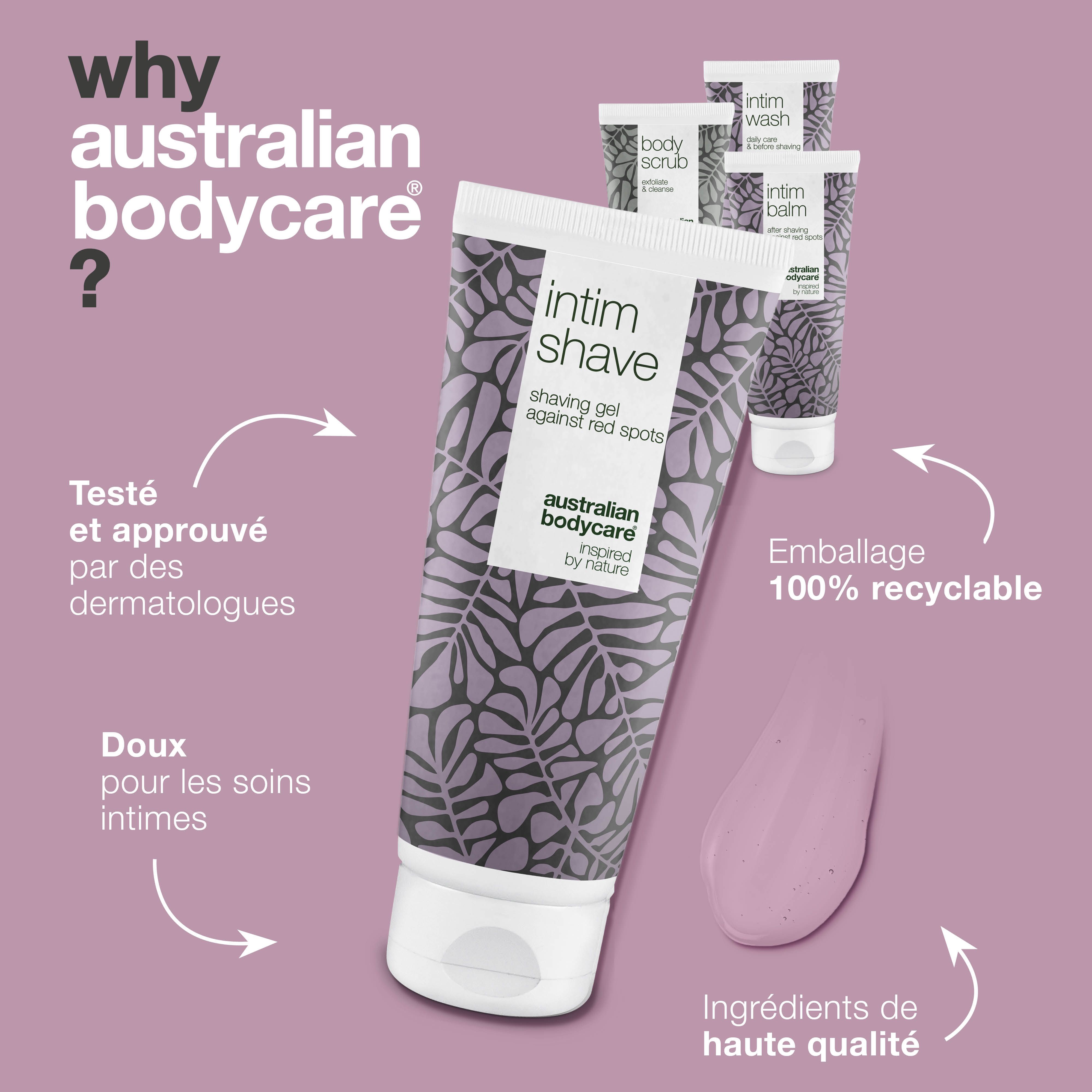 Pourquoi Australian Bodycare ? Tube Intim Shave. Testé par des dermatologues. Emballage 100% recyclable. Ingrédients de haute qualité.