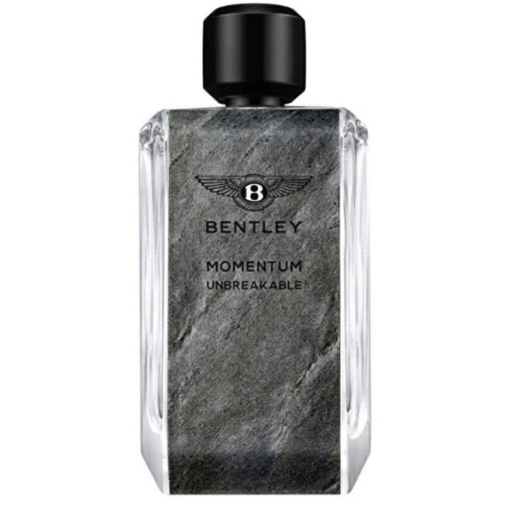 Bentley Momentum Unbreakable EdP Nat. Spray. Grauer Flakon mit schwarzem Verschluss. Logo und Schriftzug. Eckige Form.