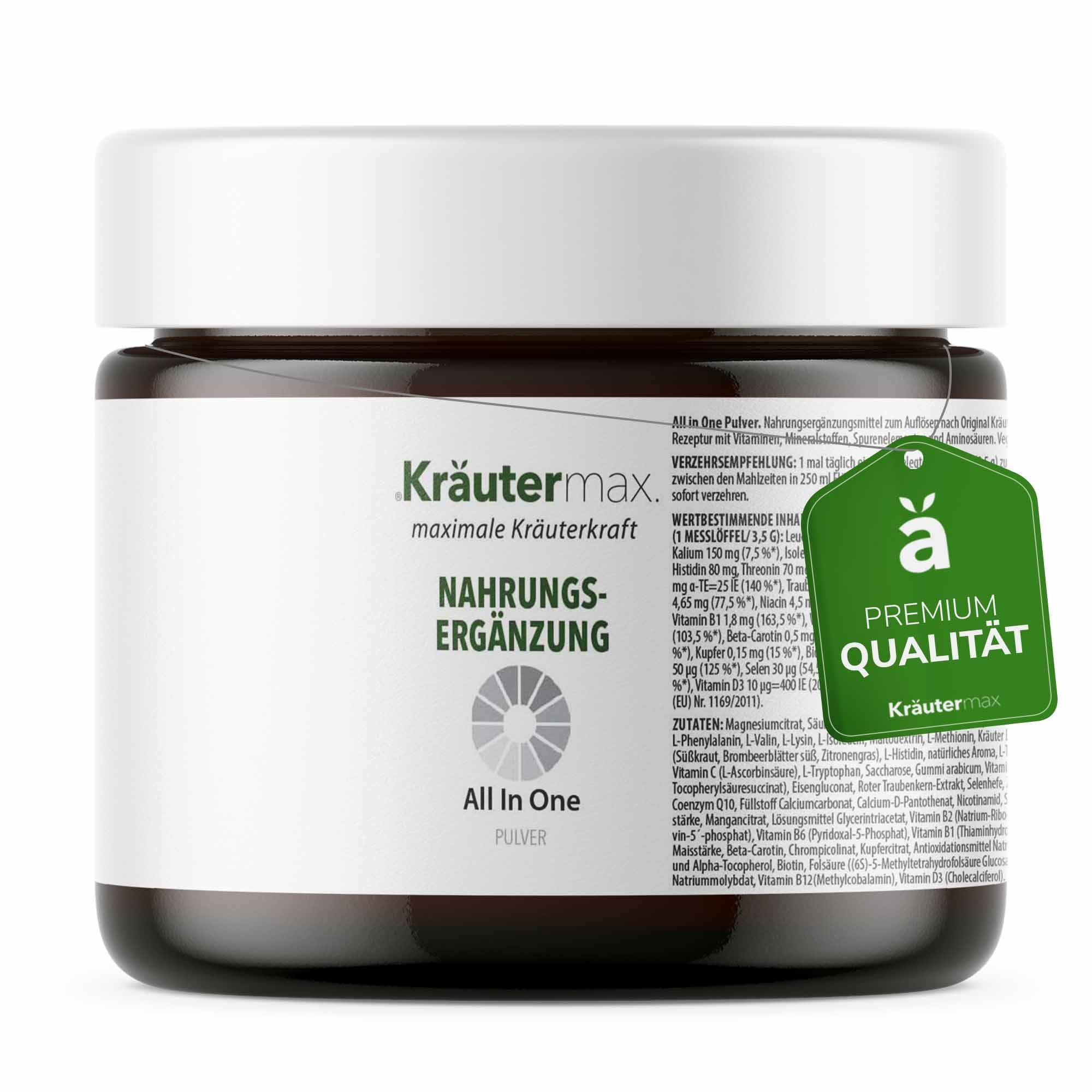 Braunes Glas mit weißem Deckel. Aufschrift "Kräutermax" und "All in One". Anhänger mit "Premium Qualität".