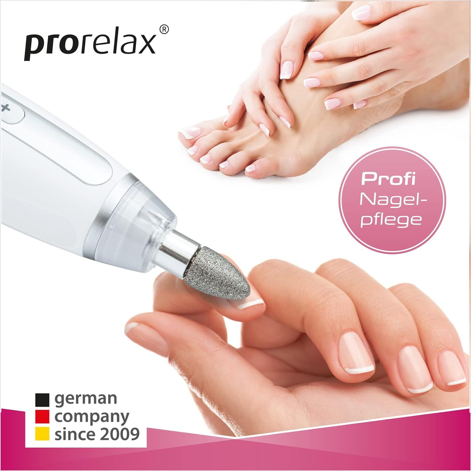Weißes Maniküre-Pediküre-Set in Anwendung an Hand und Fuß. Text: Profi Nagelpflege. Logo: German company since 2009.