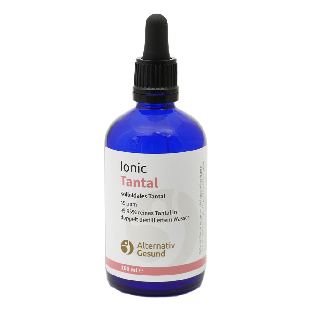 Blaue Glasflasche mit schwarzem Tropfer. Auf dem Etikett steht "Ionic Tantal", "Alternativ Gesund" und weitere Informationen.