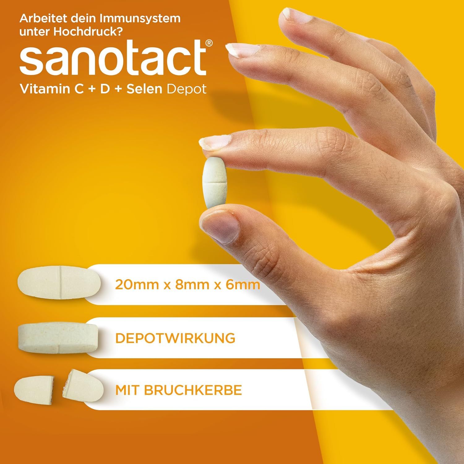 Hand hält eine Tablette. Tablettenform, hellgelb. Aufschrift: 20mm x 8mm x 6mm, Depotwirkung, mit Bruchrille.