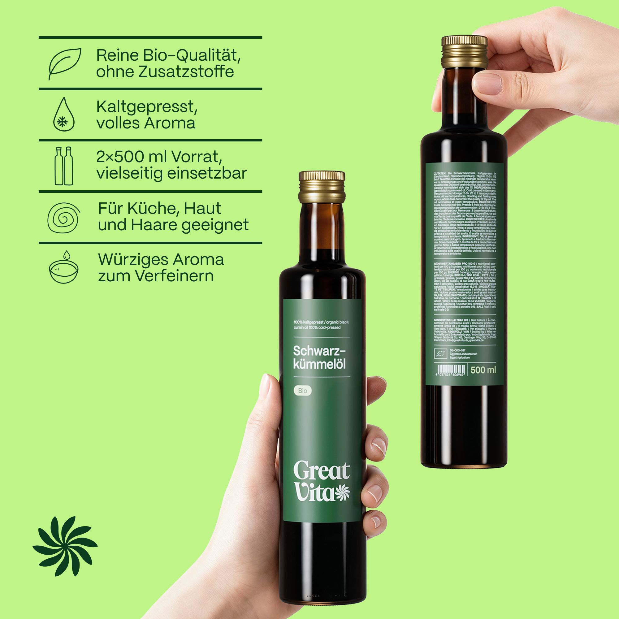 Zwei Flaschen GreatVita Bio Schwarzkümmelöl. Braune Glasflaschen mit goldenen Deckeln. Grüne Etiketten mit Produktinformationen.