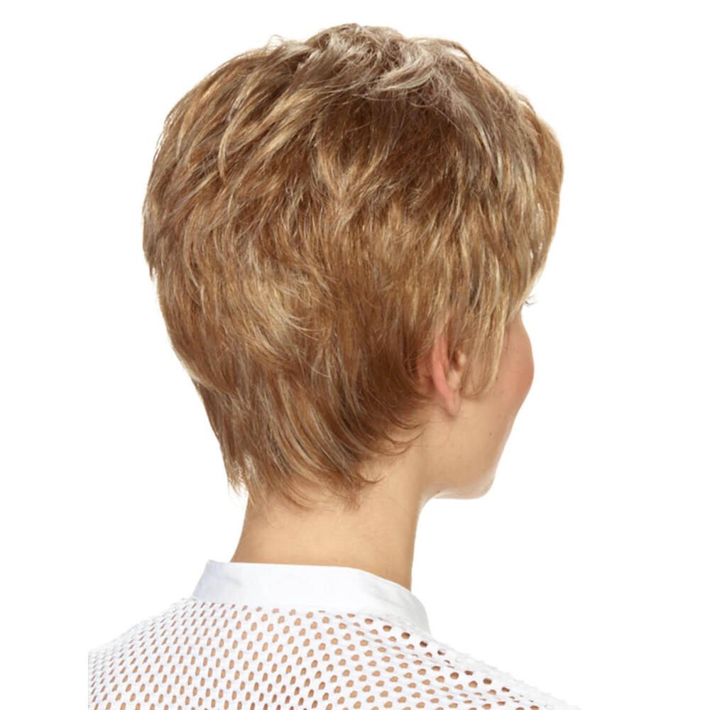 Kurzhaarperücke, blondiertes Haar, Rückansicht, Frau mit weißem Oberteil.
