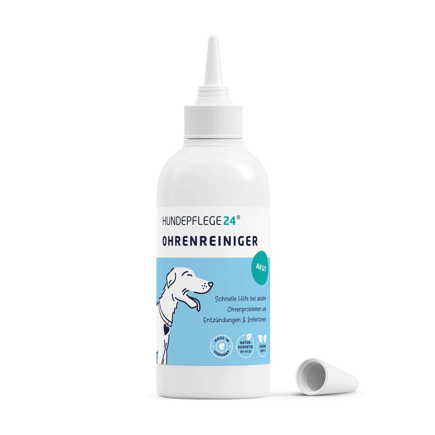 Weiße Flasche Ohrreiniger Akut mit Spitze und Verschlusskappe. Blaue Akut-Kennzeichnung, Text: Schnelle Hilfe bei Ohrenproblemen.