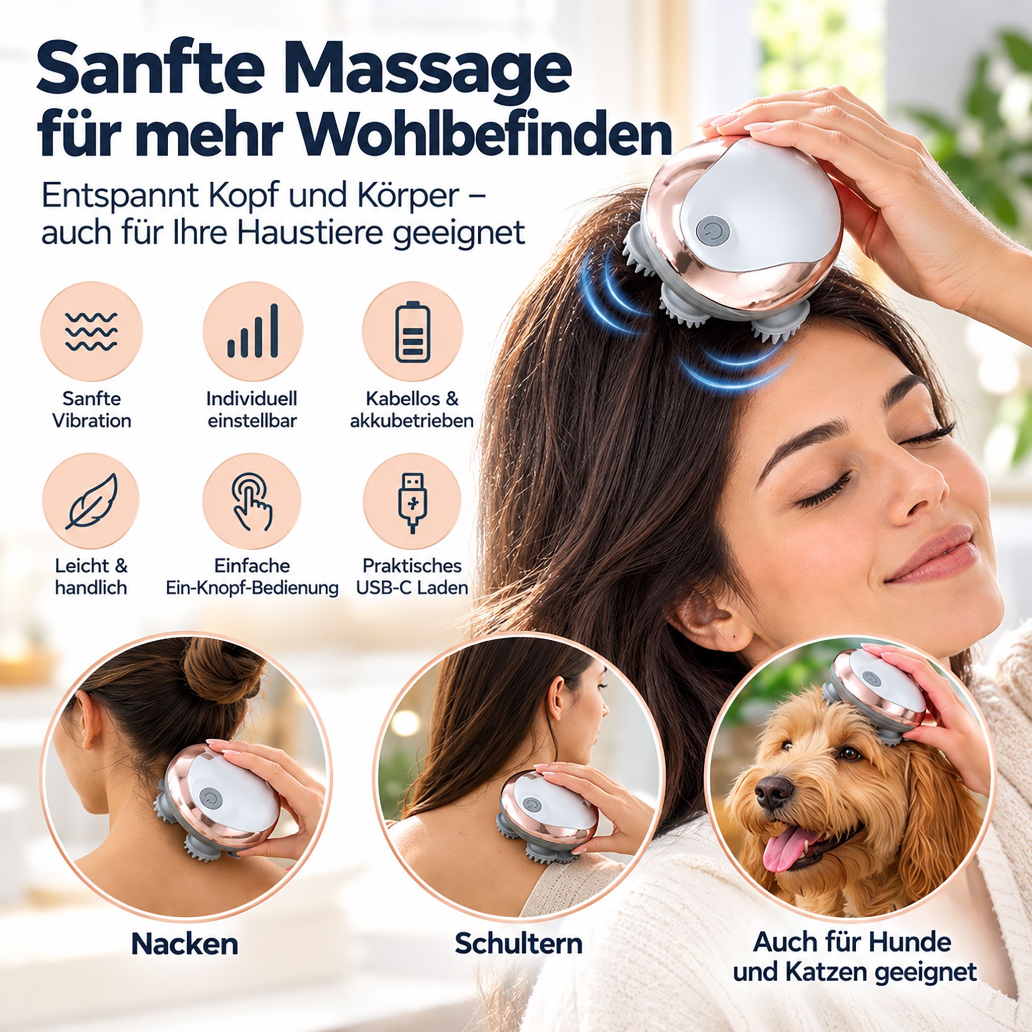 Kopfmassagegerät mit rosegoldener Oberseite und vier grauen Silikon-Massageköpfen.