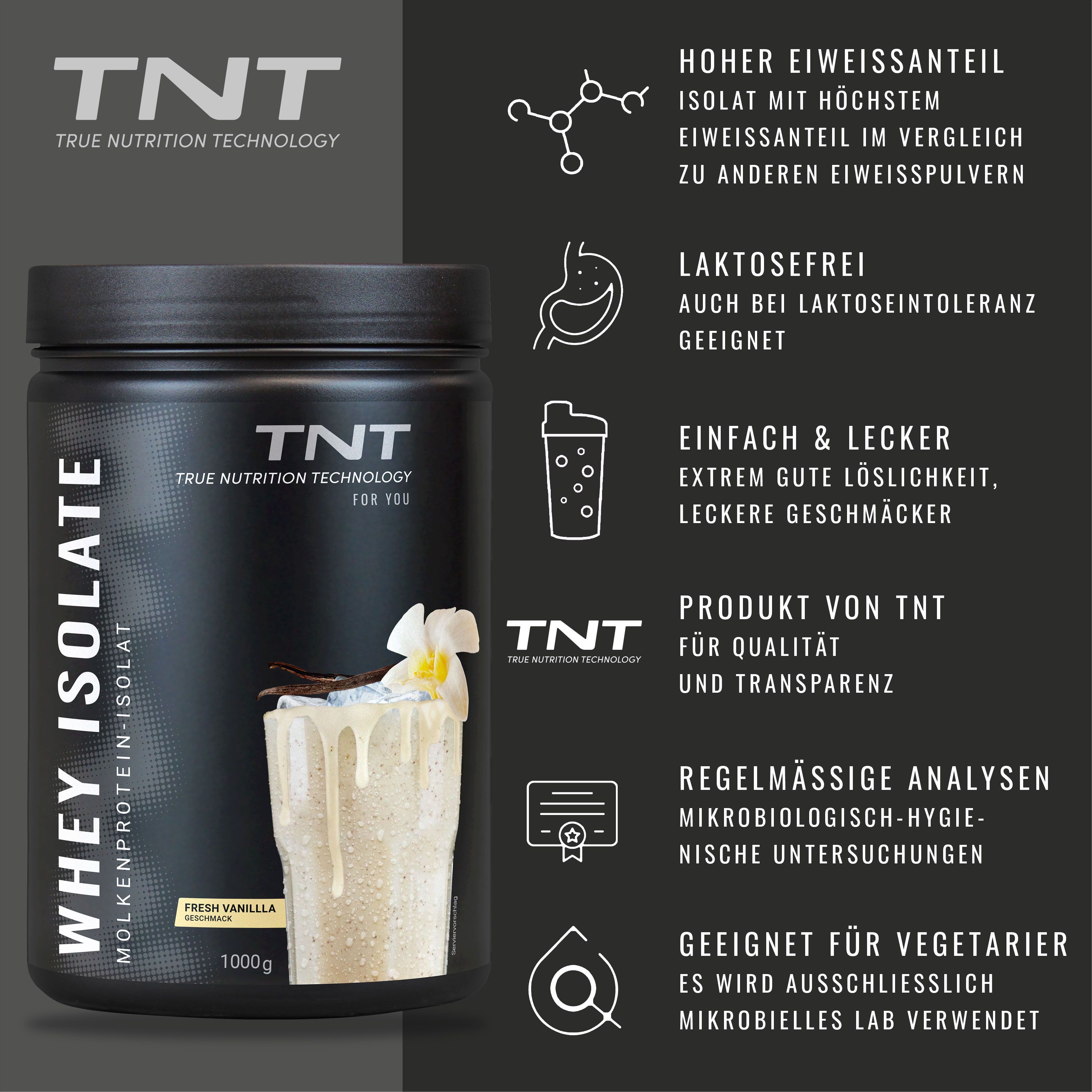 TNT Whey Isolate Dose mit Texten. Enthält Informationen zu Inhaltsstoffen, Laktosefreiheit und Qualität. Mit Shake-Illustration.