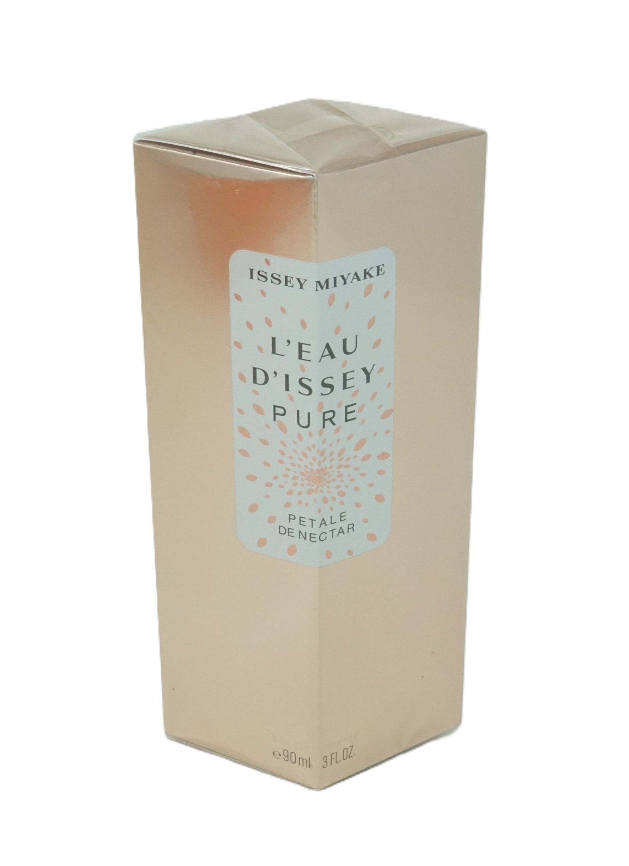Goldfarbene rechteckige Schachtel. Aufkleber mit Text: Issey Miyake, L'Eau d'Issey Pure, Petale de Nectar. 90ml 3 fl oz.