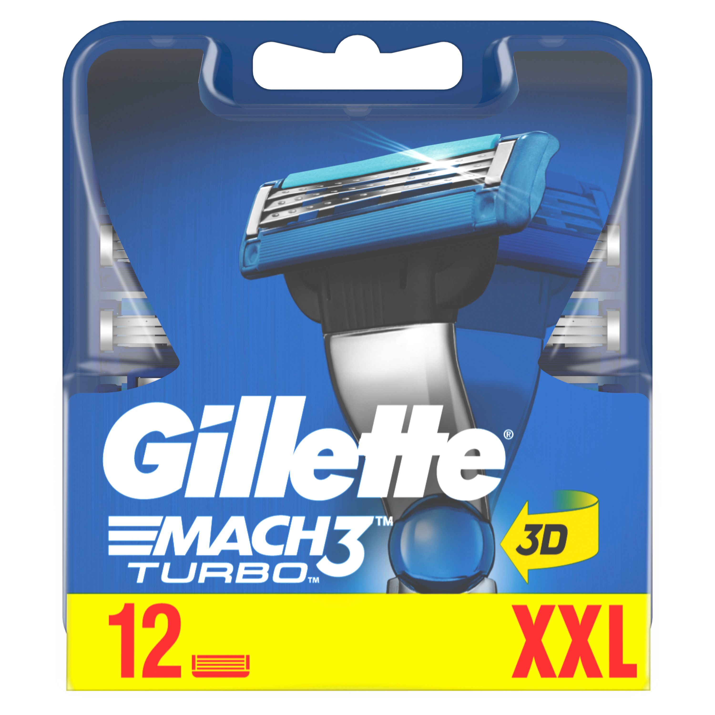 Gillette Mach3 Turbo 3D Ersatzklingen. 12 Stück. Blaue Klingen in Kunststoffverpackung. Gelber XXL-Hinweis.