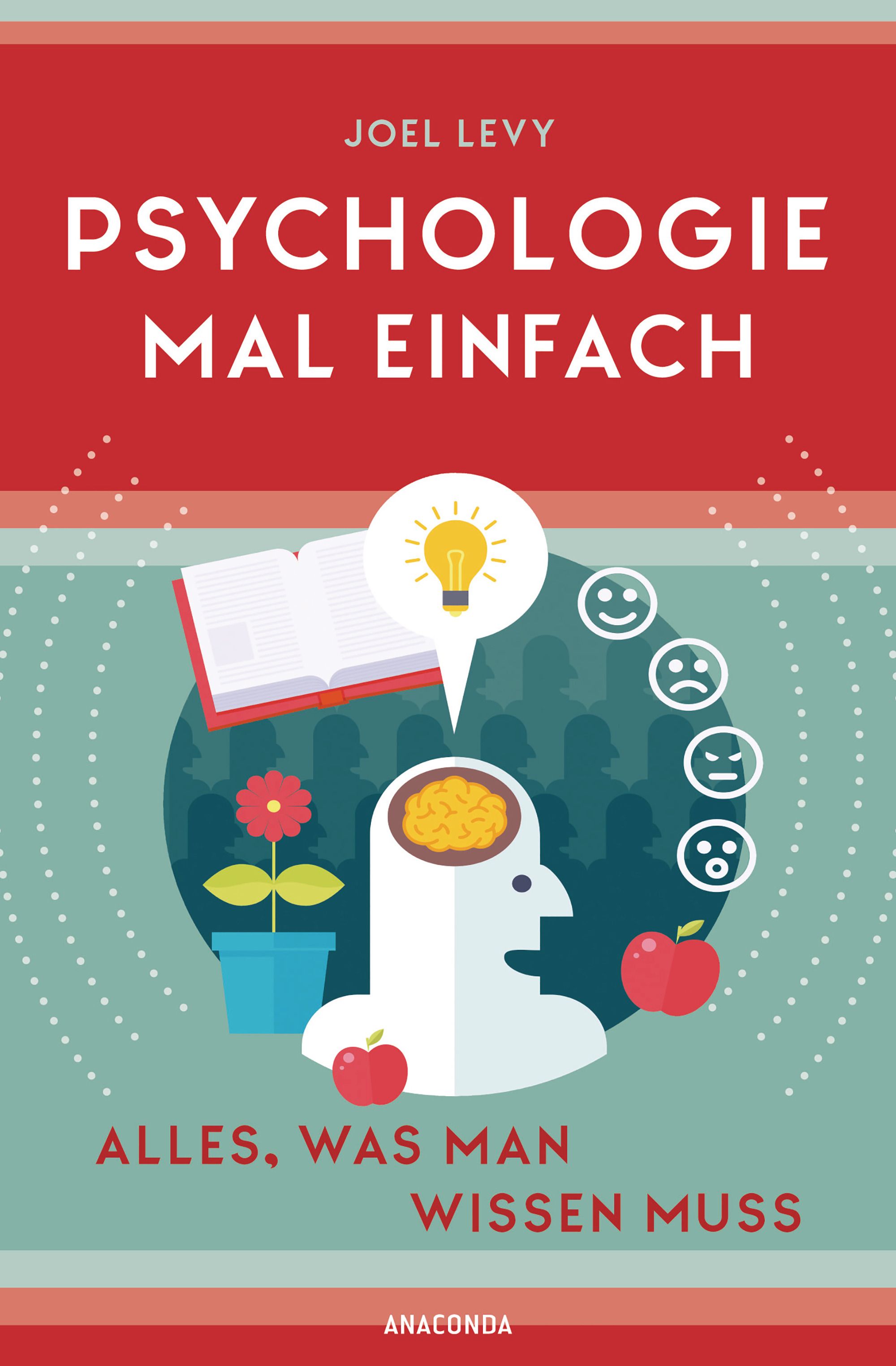 Buchcover: Psychologie mal einfach. Titel und Autor. Illustration mit Gehirn, Glühbirne, Äpfeln und Emotionen.