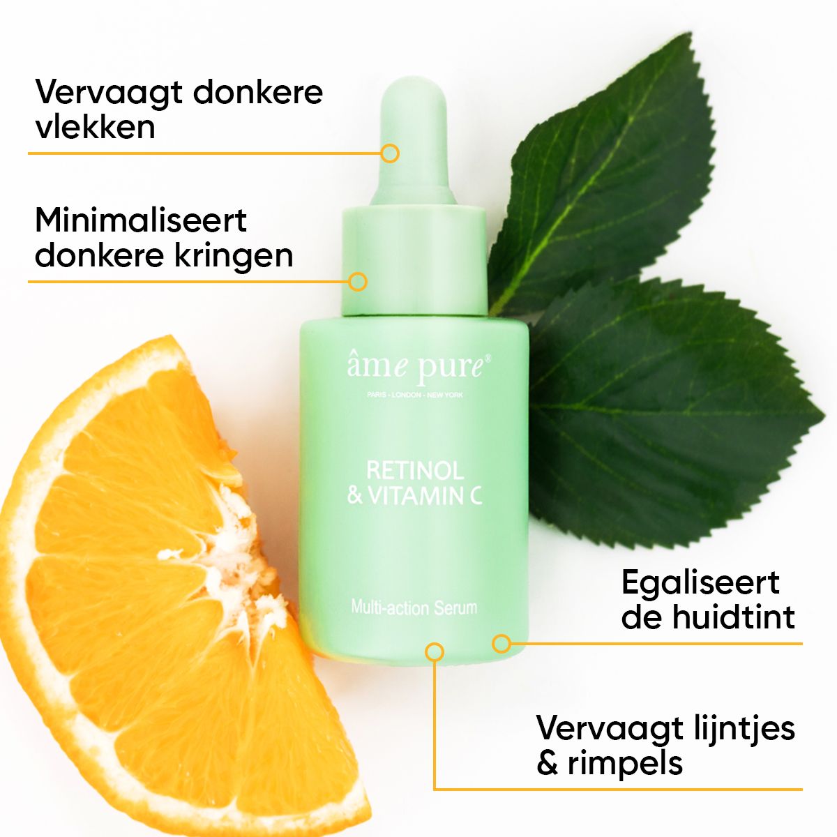 Vrouw met serumfles. Tekst: Retinol voordelen zonder irritatie. Vegan en dierproefvrij. Logo.