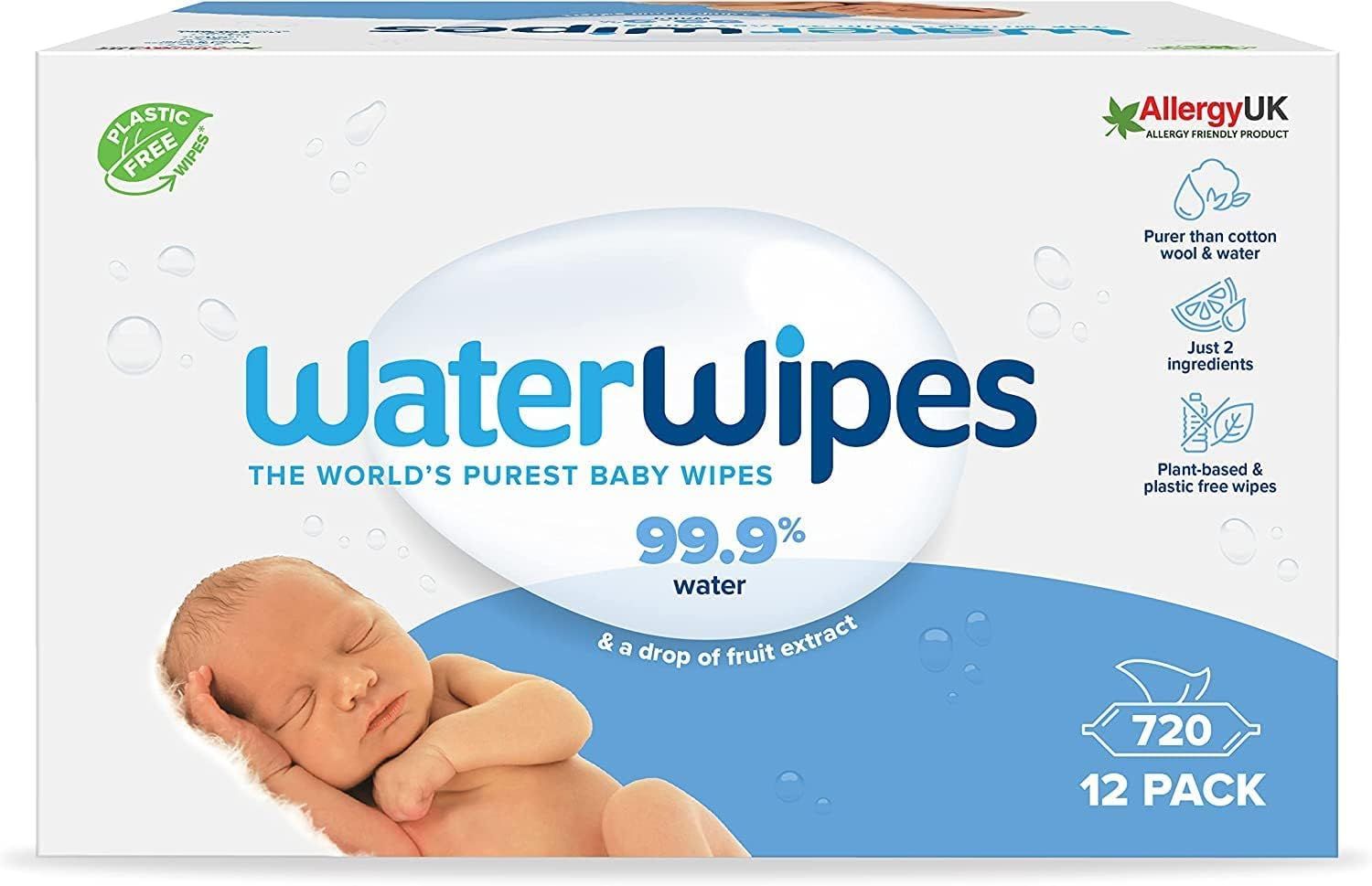 WaterWipes-Packung mit Baby, 720 Tücher, 12er-Pack. Aufschrift: 99,9% Wasser, & ein Tropfen Fruchtextrakt. Allergie UK.