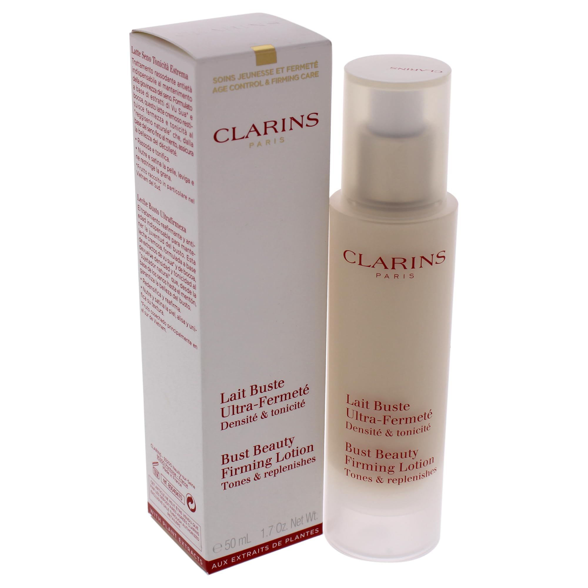 Lotion-Flakon und Verpackung. Aufschrift: Lait Buste Ultra-Fermeté, Bust Beauty Firming Lotion. Marke: Clarins.