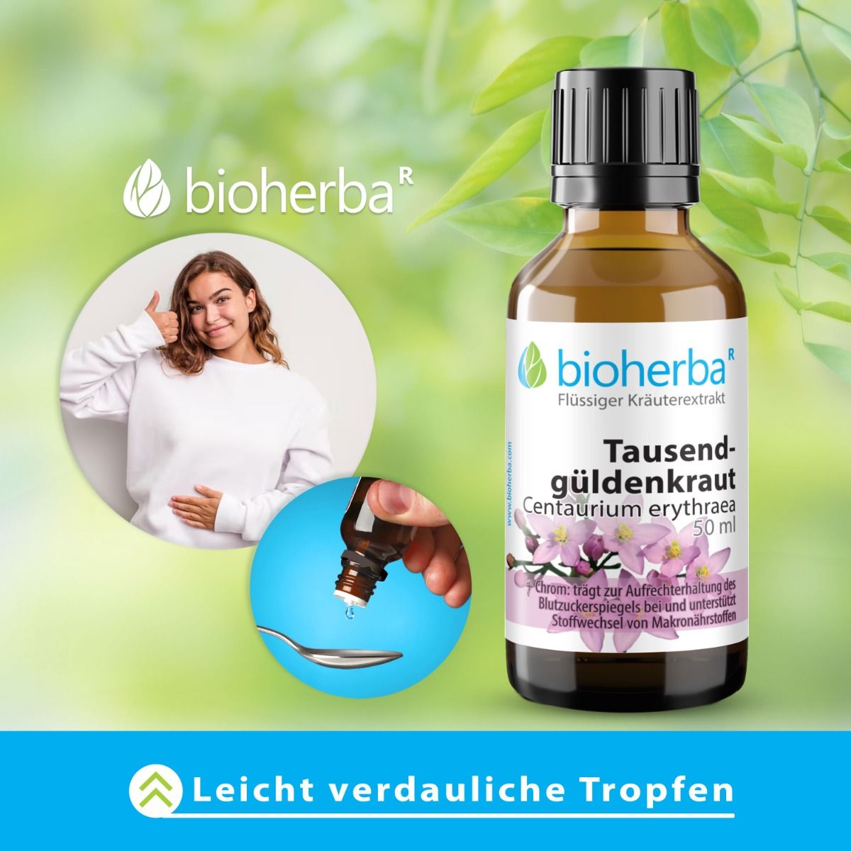 Braune Flasche mit Tropfen. Bioherba Tausendgüldenkraut Tropfen. Frau mit Daumen hoch. Tropfen auf Löffel.