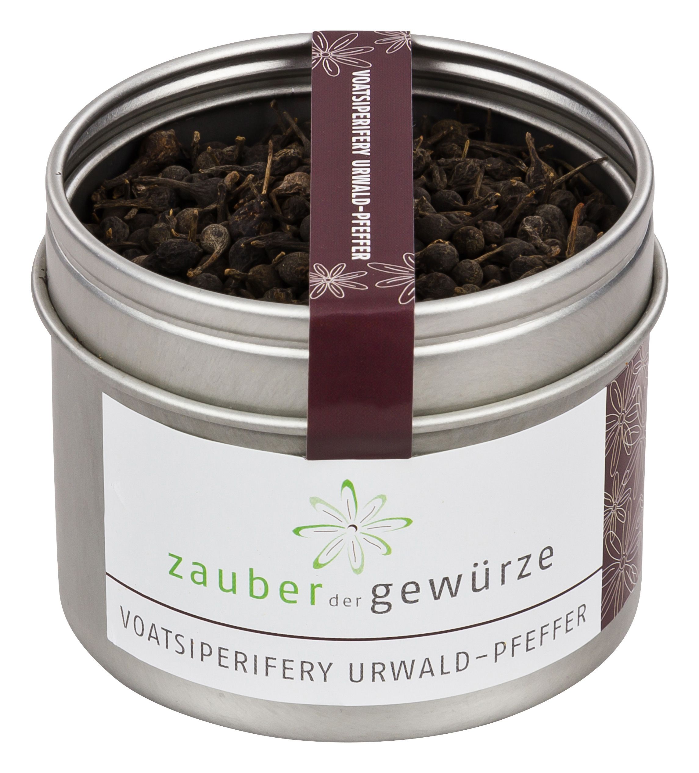 Metallbehälter mit Voatsiperifery Urwaldpfeffer. Etikett mit Produktnamen und Logo. Dunkle Pfefferkörner sichtbar.