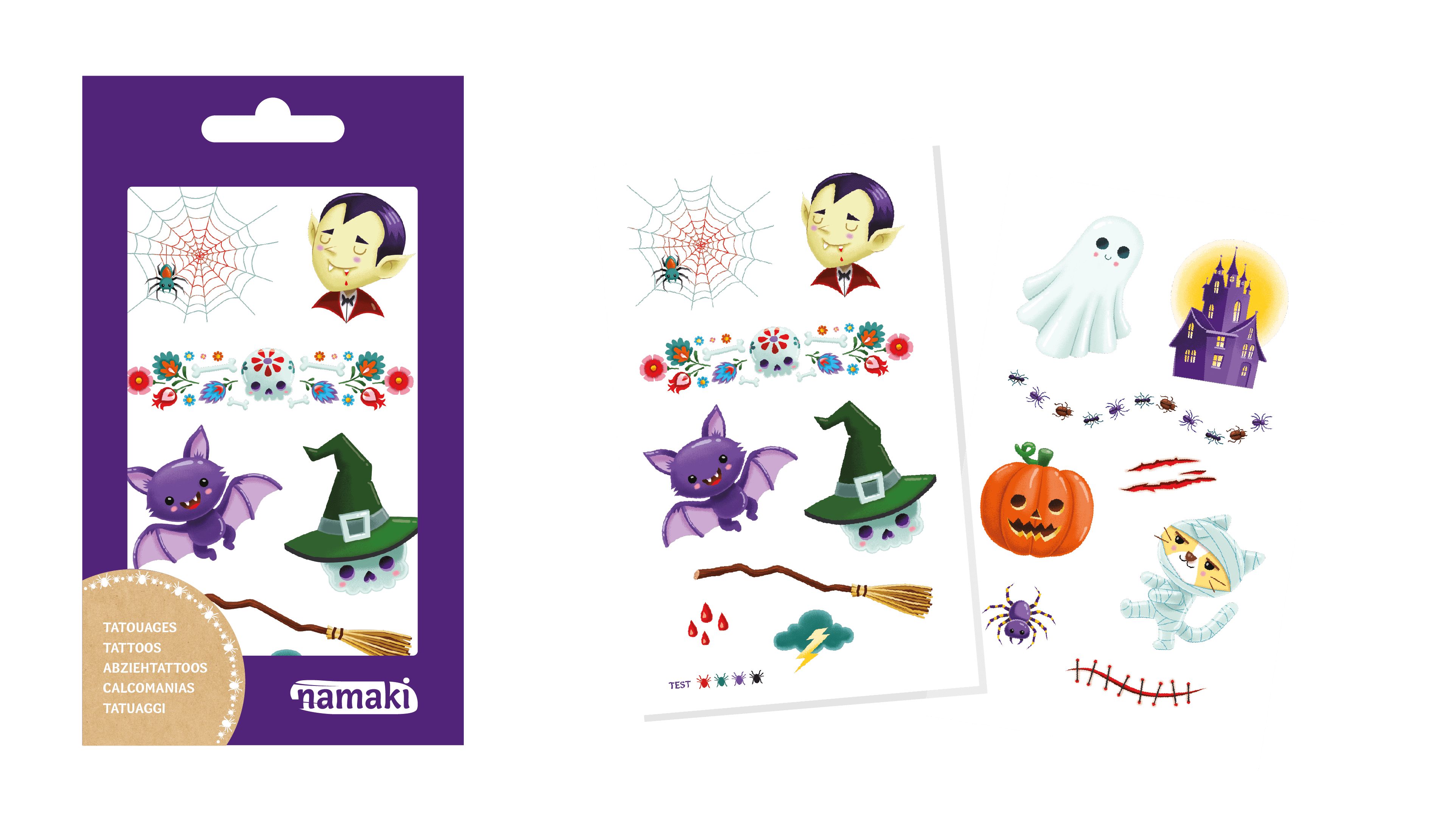 Tattoos 'Horror World' mit Motiven: Vampir, Spinnennetz, Totenkopf, Fledermaus, Hexenhut, Kürbis, Geist. Marke: Namaki.