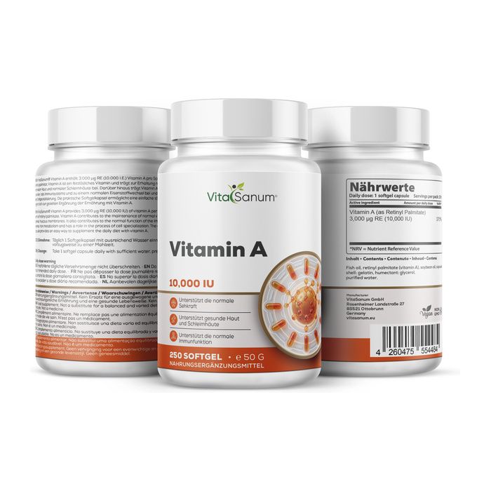 Drei Flaschen VitaSanum Vitamin A 10.000 I.E. Nahrungsergänzungsmittel, 250 Softgel-Kapseln.
