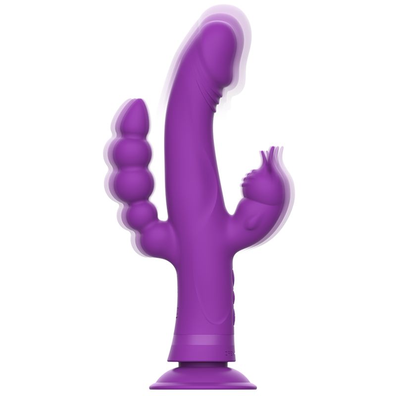 Lila Vibrator mit drei Funktionen. Das Produkt hat eine runde Basis und eine Form mit mehreren Elementen.