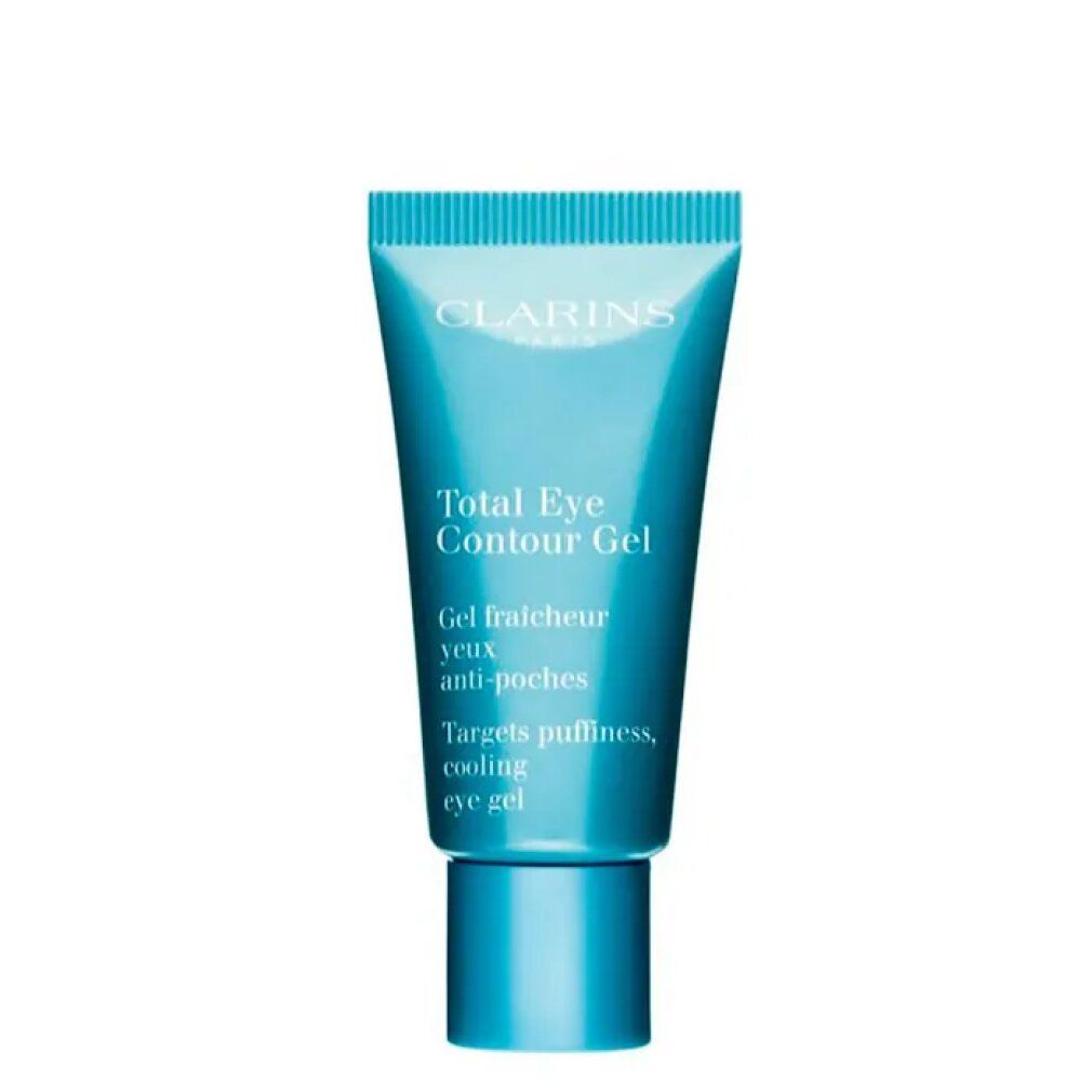 Hellblaue Tube mit Clarins Total Eye Contour Gel. Text: Gel fraîcheur yeux anti-poches, Targets puffiness, cooling eye gel.