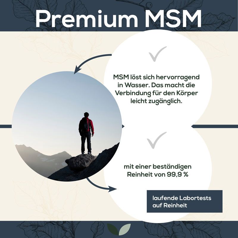 Infografik. Mann auf Berg. Text: "MSM löst sich hervorragend in Wasser". "Mit einer beständigen Reinheit von 99,9 %".