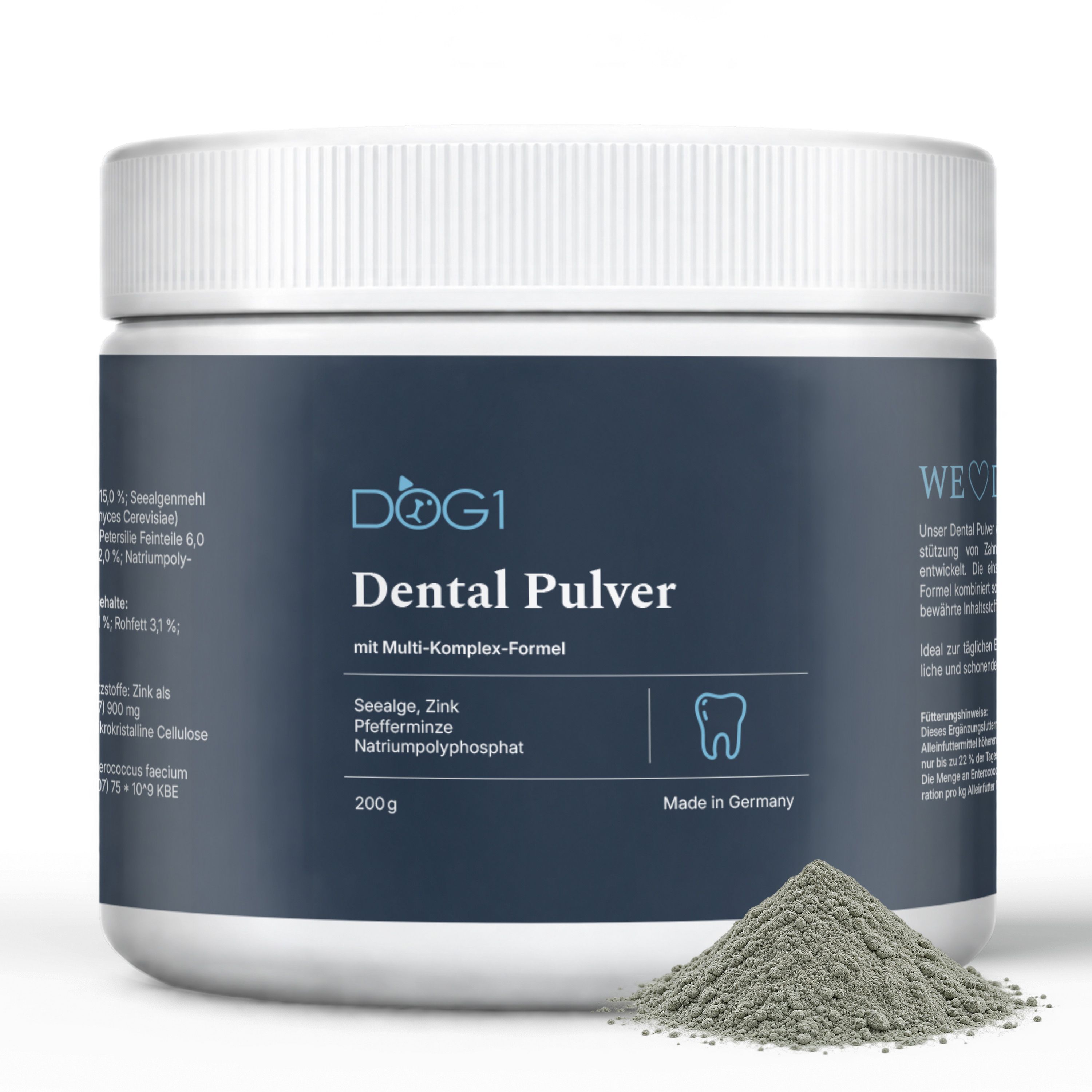 DOG1 Dental Pulver in Dose, mit Aufdruck 'Made in Germany' und '200 g'.