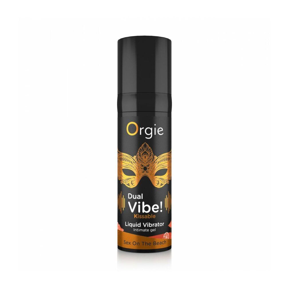 Schwarze Flasche mit schwarzem Deckel. Aufschrift: Orgie, Dual Vibe! Kissable Liquid Vibrator. Goldene Maske und Schrift.