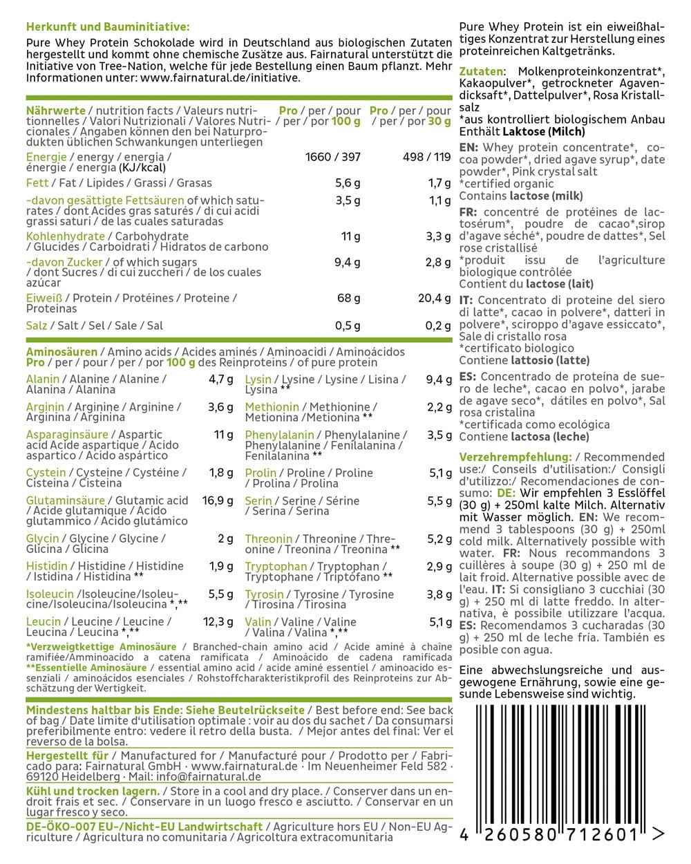 Rückseite FAIRNATURAL Bio Whey Protein Schoko: Nährwertangaben, Zutatenliste, Bio-Siegel und Barcode.