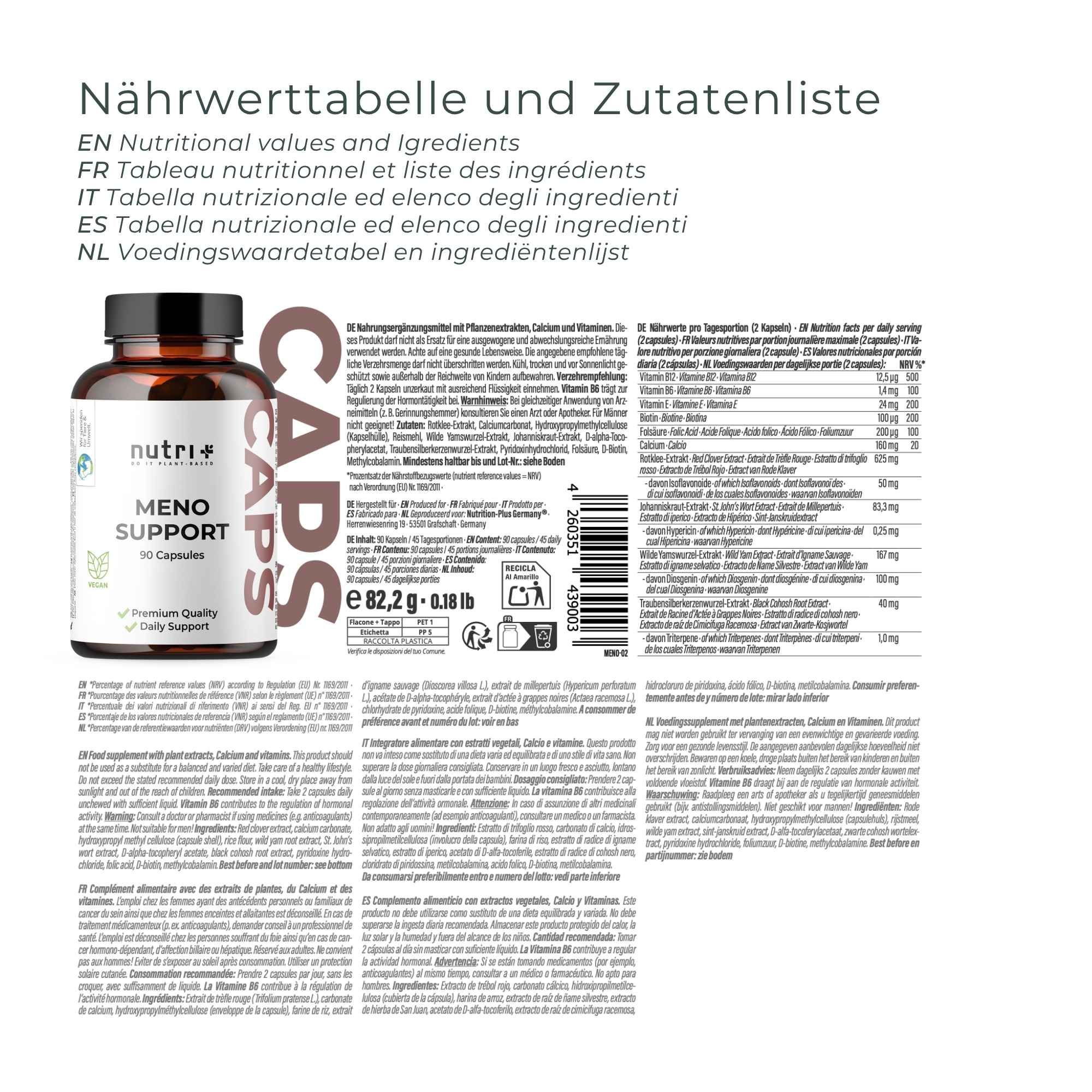 Flasche Meno Support Kapseln, 90 Kapseln, 10 Wirkstoffe, 100% vegan, tägliche Einnahme 2 Kapseln.
