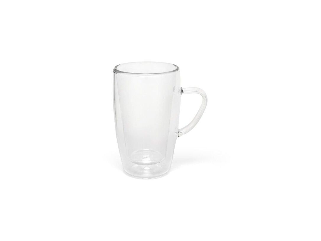 Espressoglas mit Henkel. Doppelwandiges Design. Auf weißem Hintergrund.