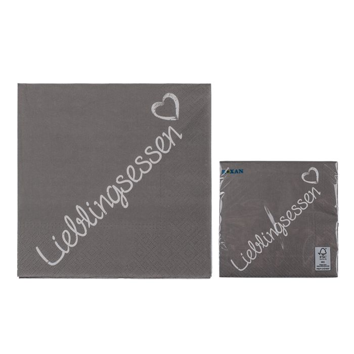 Graue Papierservietten mit weißem Schriftzug "Lieblingsessen" und Herz. Verpackt und lose.