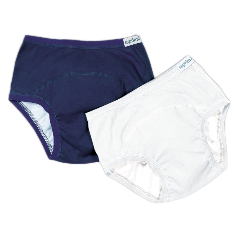 Zwei Kinder-Slips: einer blau, einer weiß. Beide mit Logo-Etikett. Innen weißes Material sichtbar.