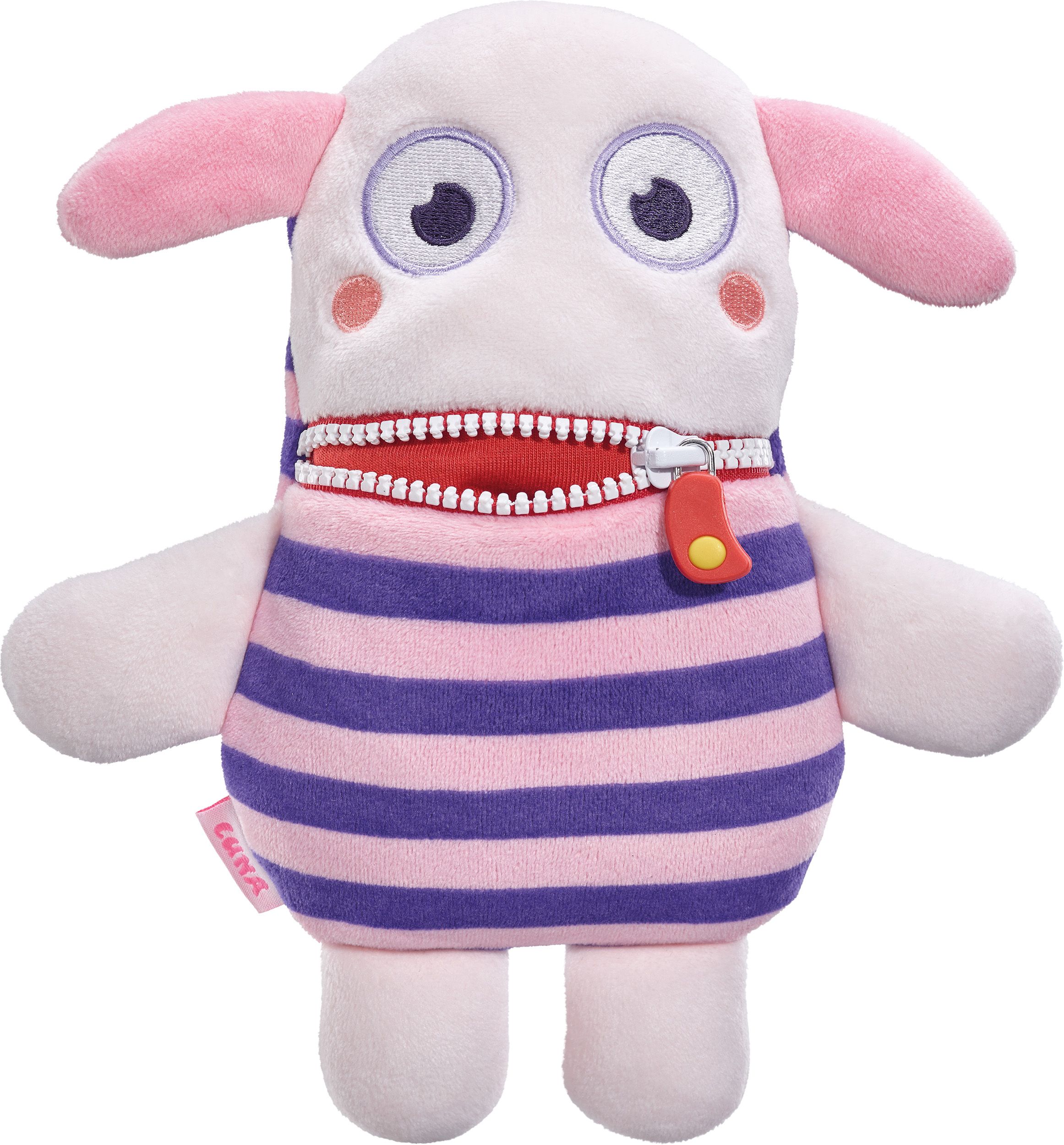 Plüschtier mit Reißverschlussmund. Rosa-weißes Gesicht, blaue Augen, rosa Ohren. Gestreiftes Shirt in Rosa und Lila. Marke: Cuna.