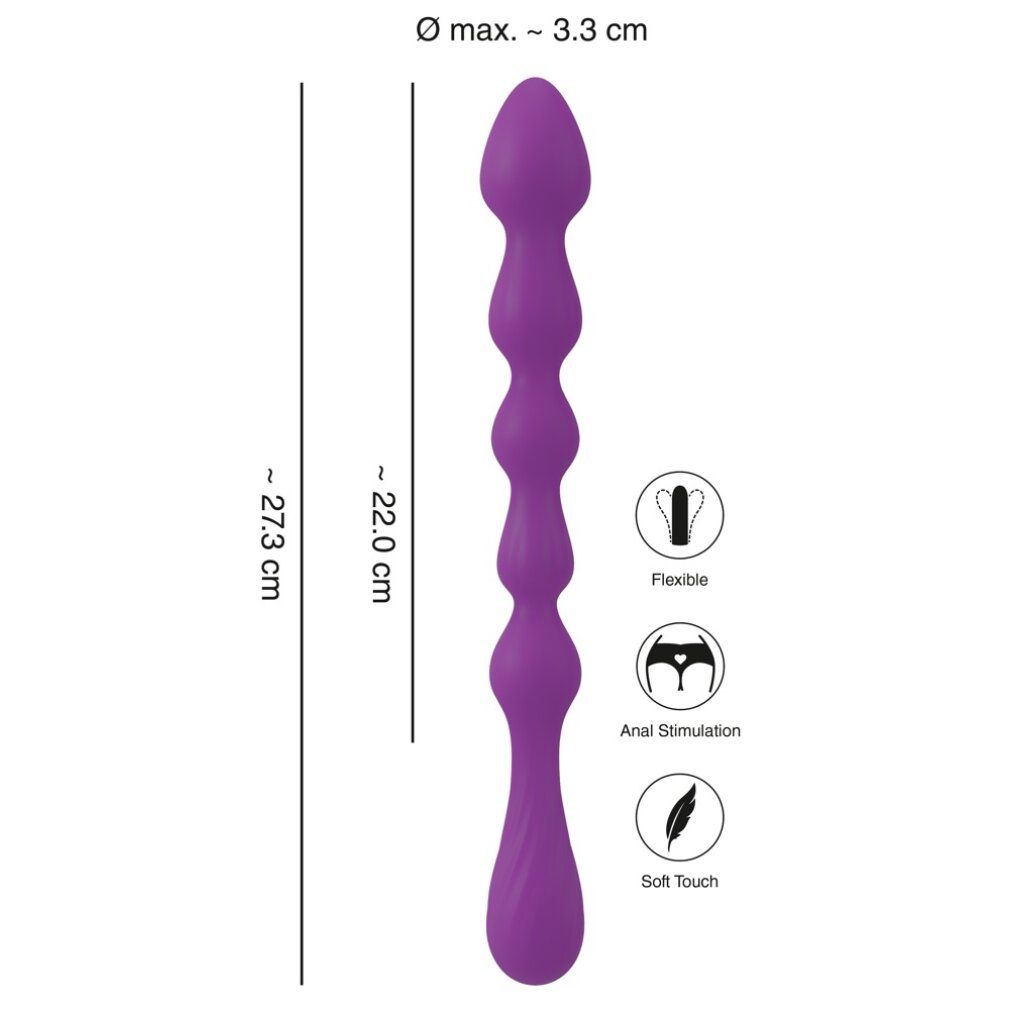Lila Anal-Wand mit geriffelter Oberfläche und konischer Spitze. Abmessungen: 27,3 cm lang, Ø max. 3,3 cm. Symbole.