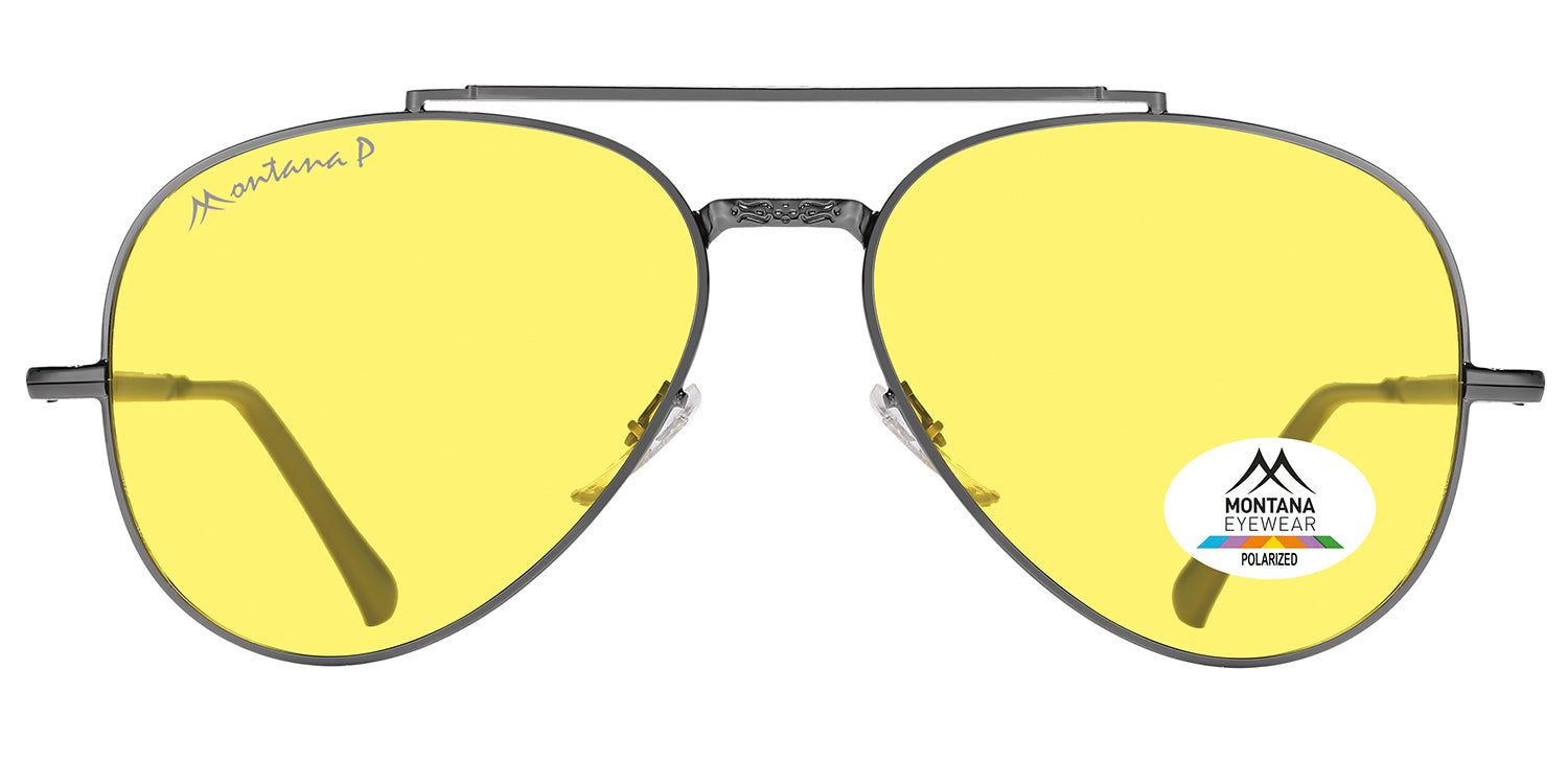 Sonnenbrille mit gelben Gläsern und Metallrahmen. Logo Montana Eyewear und Polarisationshinweis. Aviator-Form.