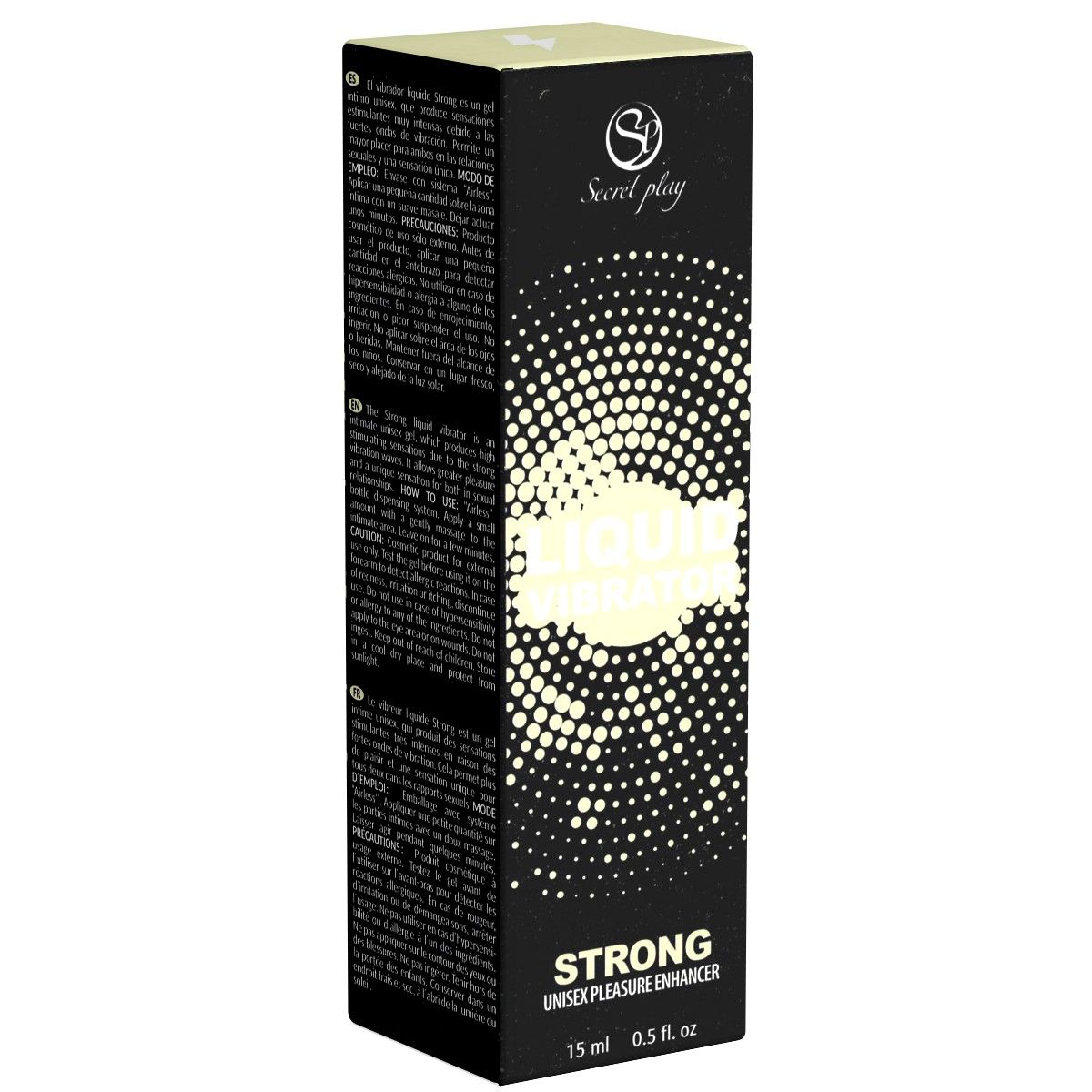 Schwarze Verpackung mit Text. Aufschrift "LIQUID VIBRATOR STRONG UNISEX PLEASURE ENHANCER".