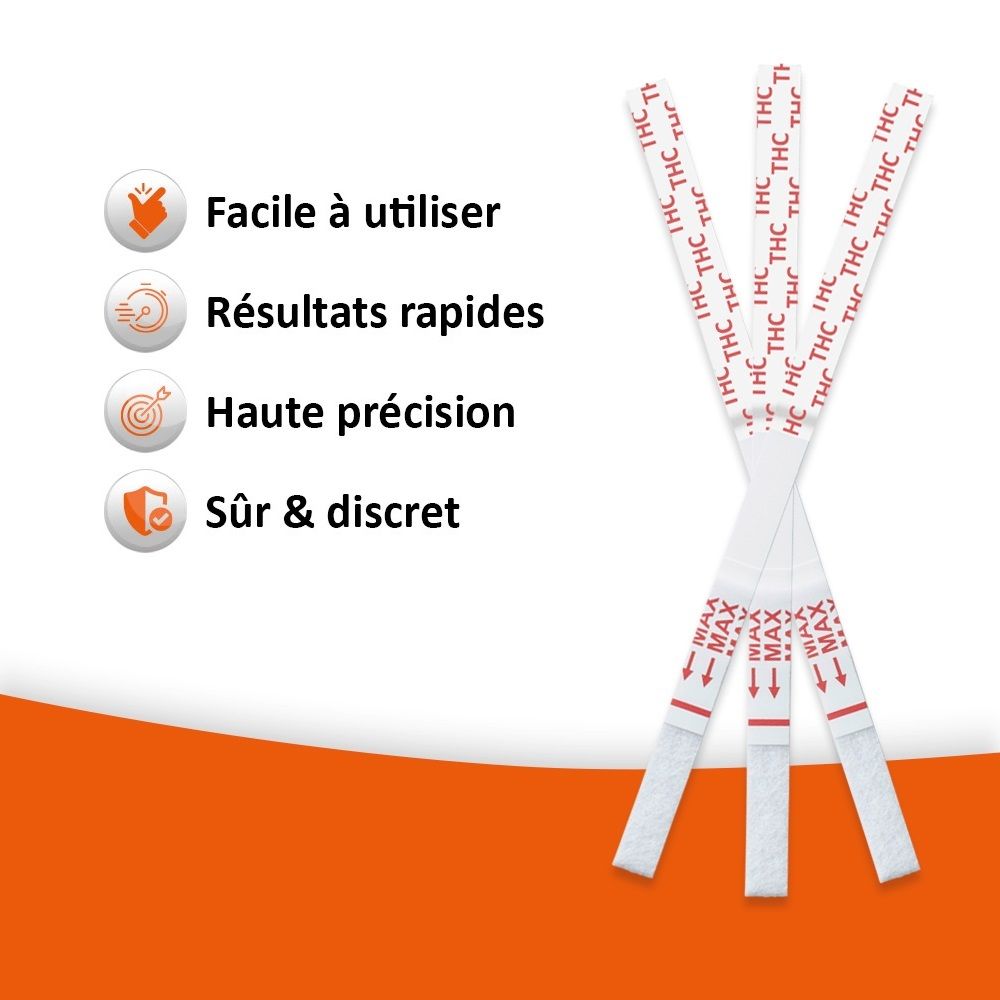 Quatre bandelettes de test avec impression THC. Inscription : Facile à utiliser, résultats rapides, haute précision, sûr et discret.